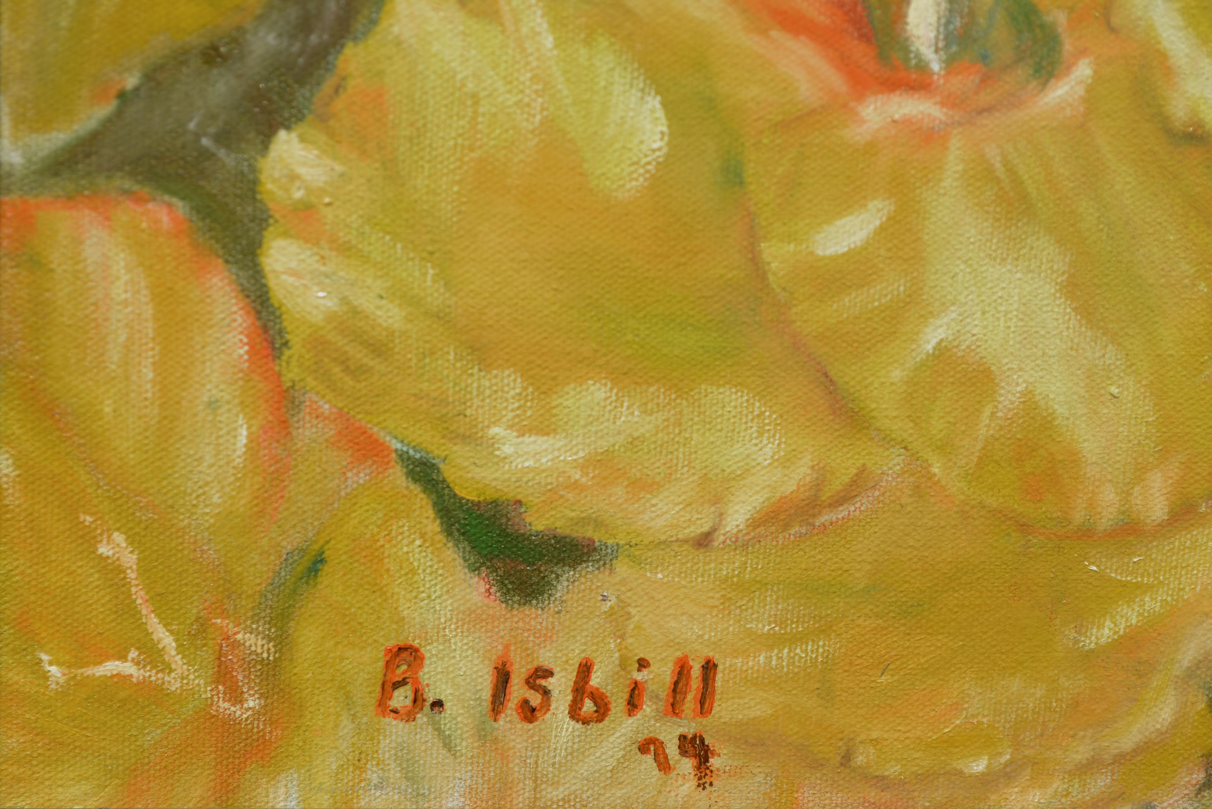 Gladiolas in Bloom - 1970's Floral Still Life - Brown Still-Life Painting by B Isbill