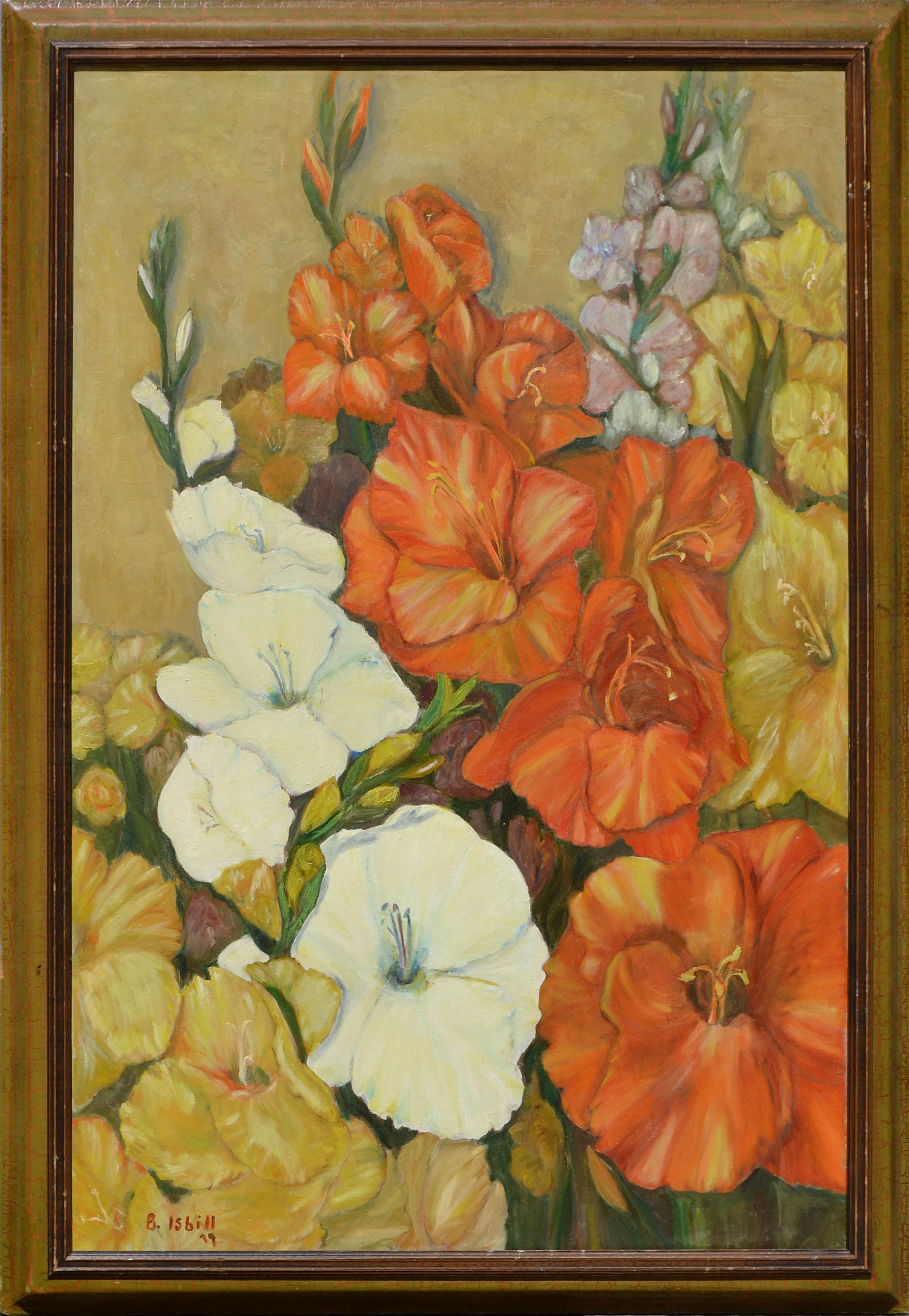 Still-Life Painting B Isbill - Gladiolas in Bloom - Nature morte florale des années 1970