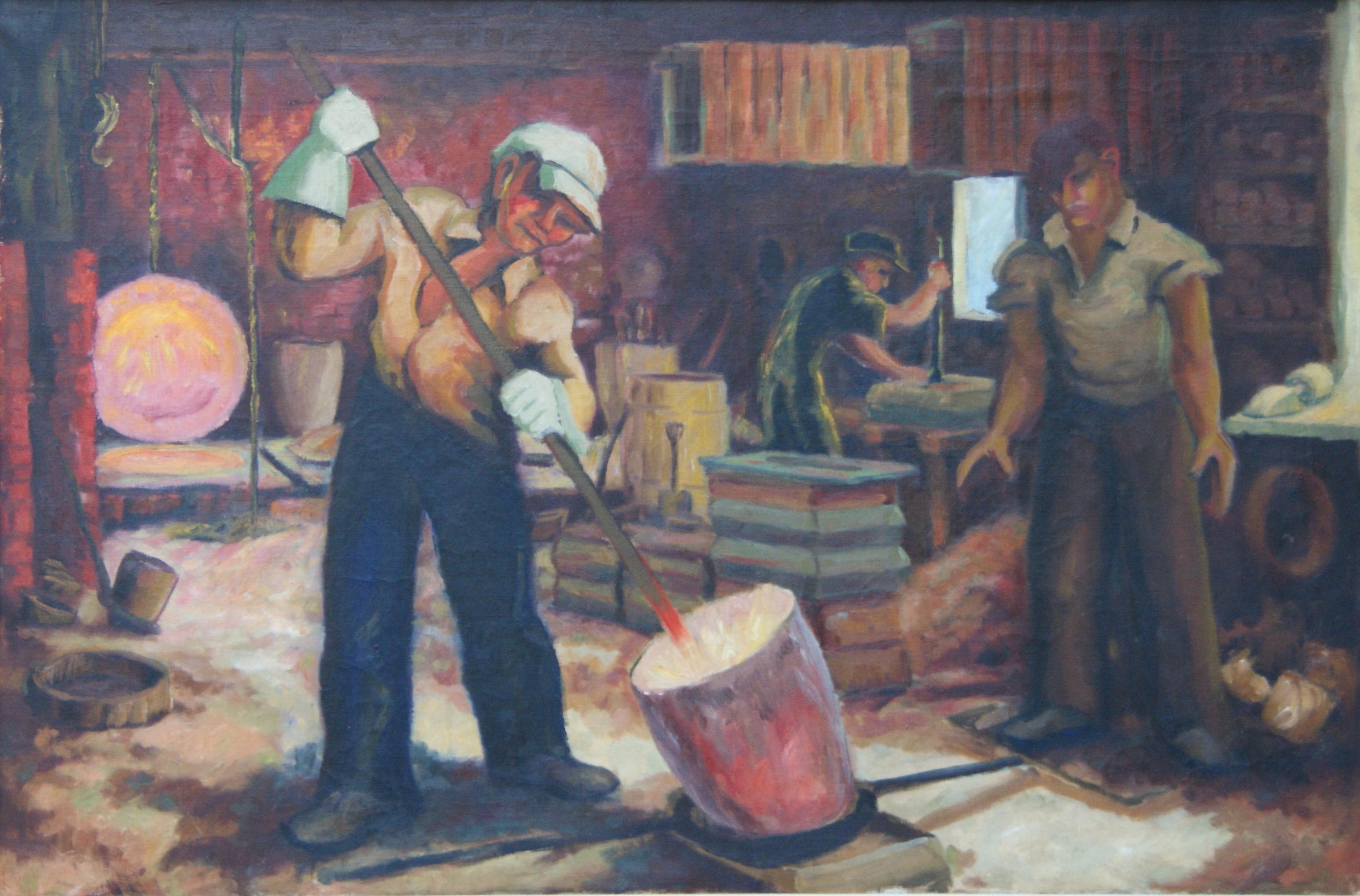 Unknown Interior Painting - Glassblowers WPA Depression era Men working mid 20th Century modern Industrial