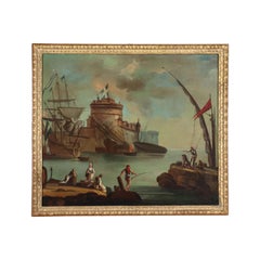 Glimpse of the port with figures, Oil on Canvas by Joseph Vernet XVIII Century
