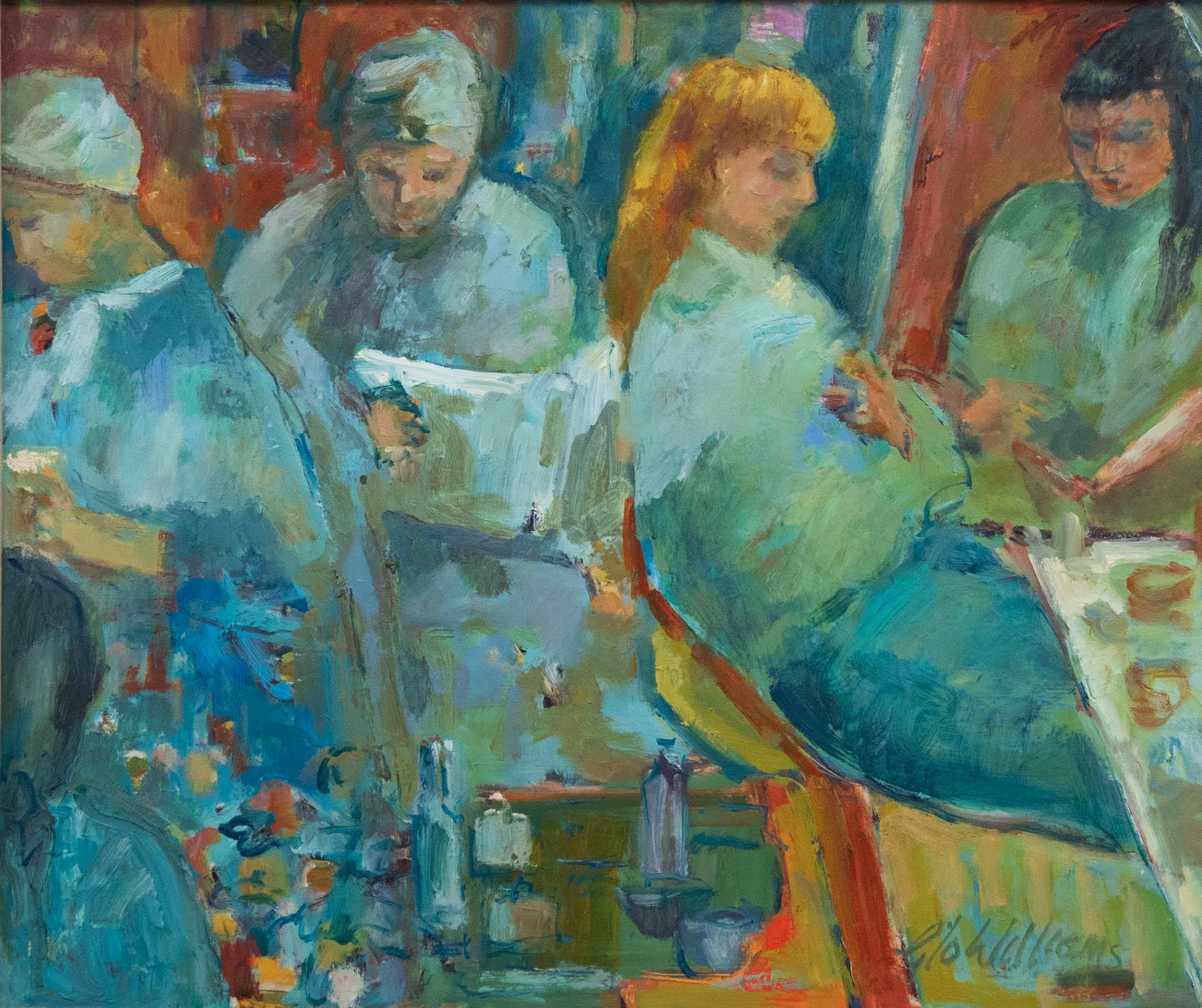 Glo Williams (nato nel 1940) - Olio contemporaneo, Dal parrucchiere - Painting di Unknown