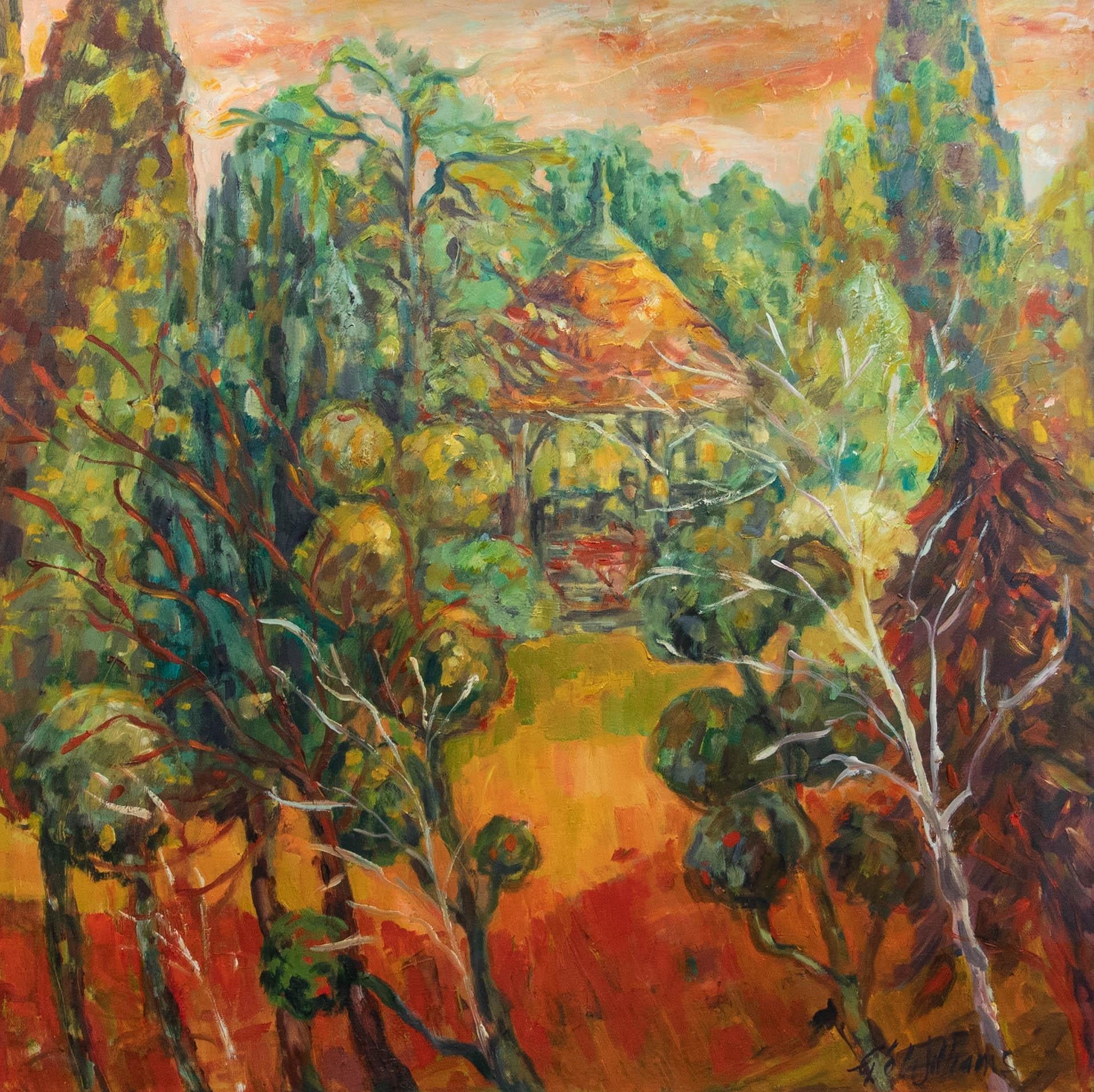 William Williams (nato nel 1940) - Olio contemporaneo, Pergola al tramonto - Painting di Unknown