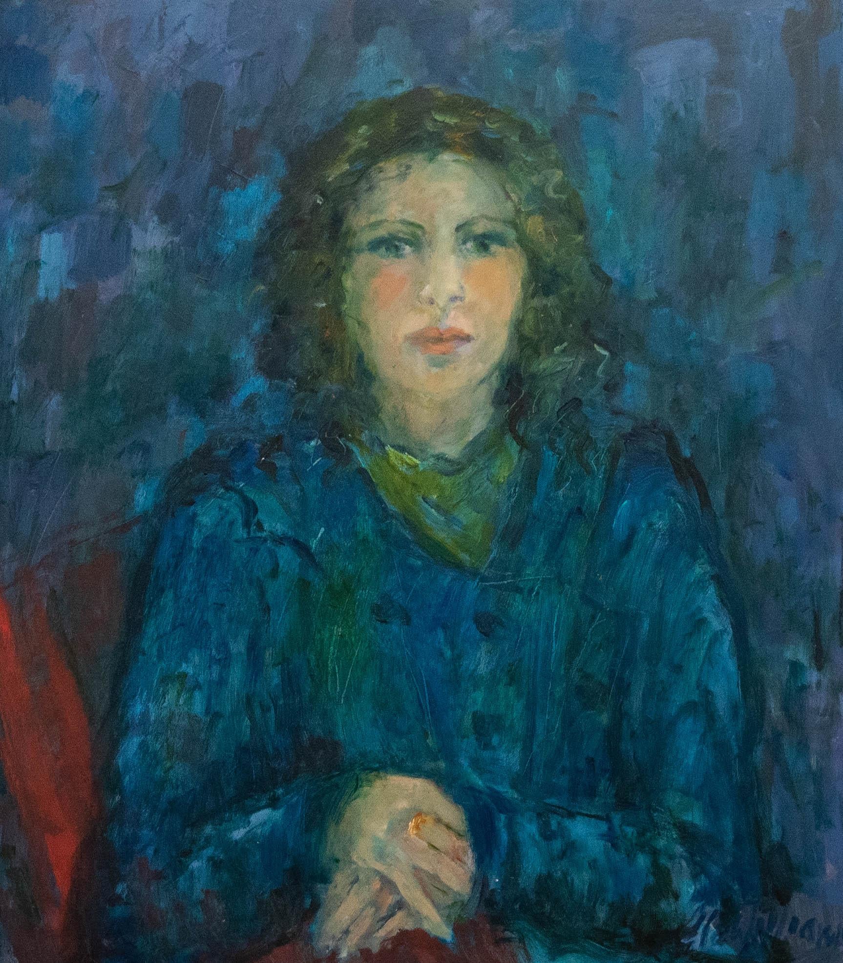 William Williams (nato nel 1940) - Olio contemporaneo, Ritratto in blu - Painting di Unknown