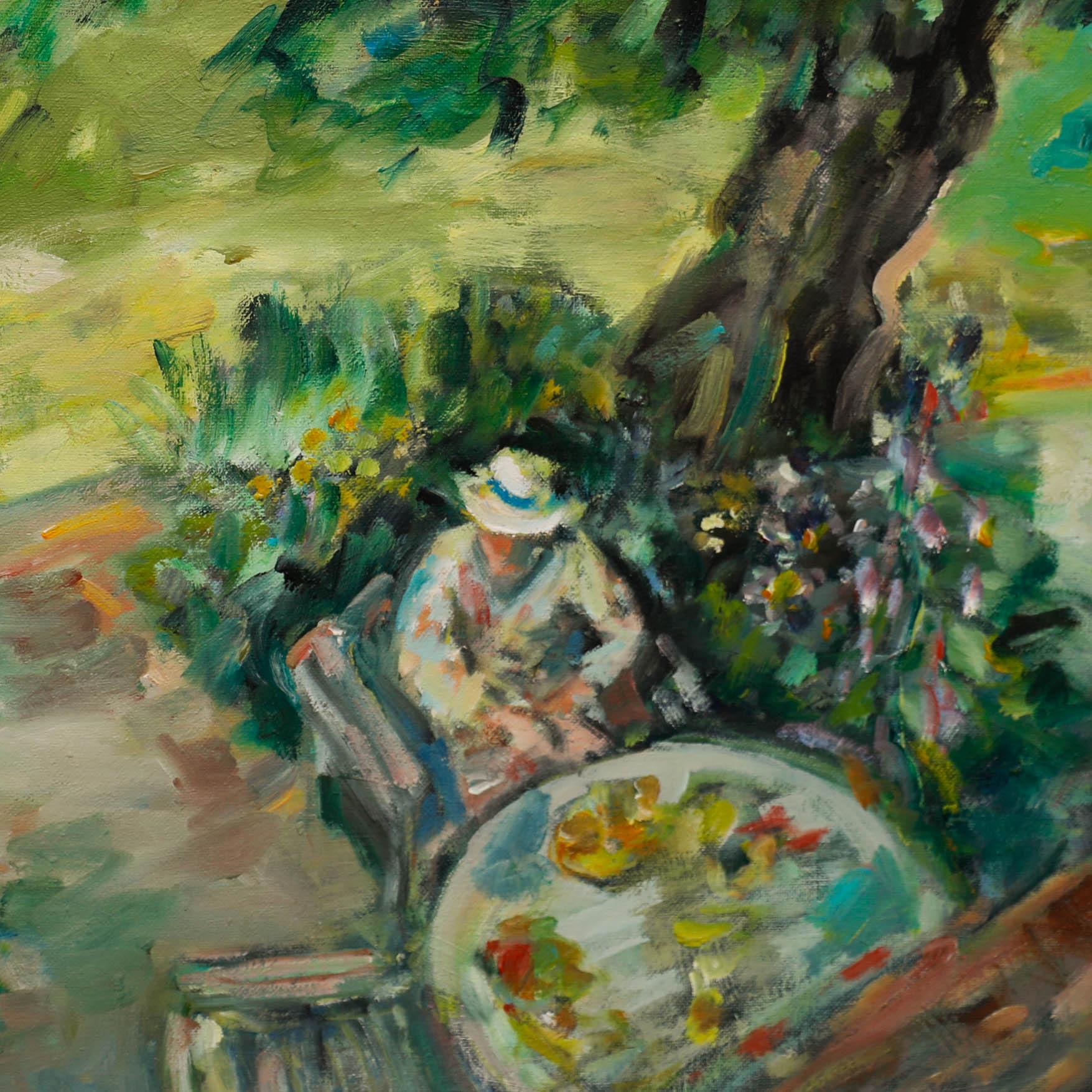 Un grande olio impressionista dell'artista del XX secolo Glo Williams (nato nel 1940). Ben presentato in una cornice di legno dipinta. Senza segno. Su tavola di tela.