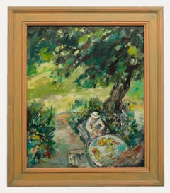 William Williams (nato nel 1940) - Olio del 20° secolo incorniciato, "Peering Over the Patio" (guardando oltre il patio)