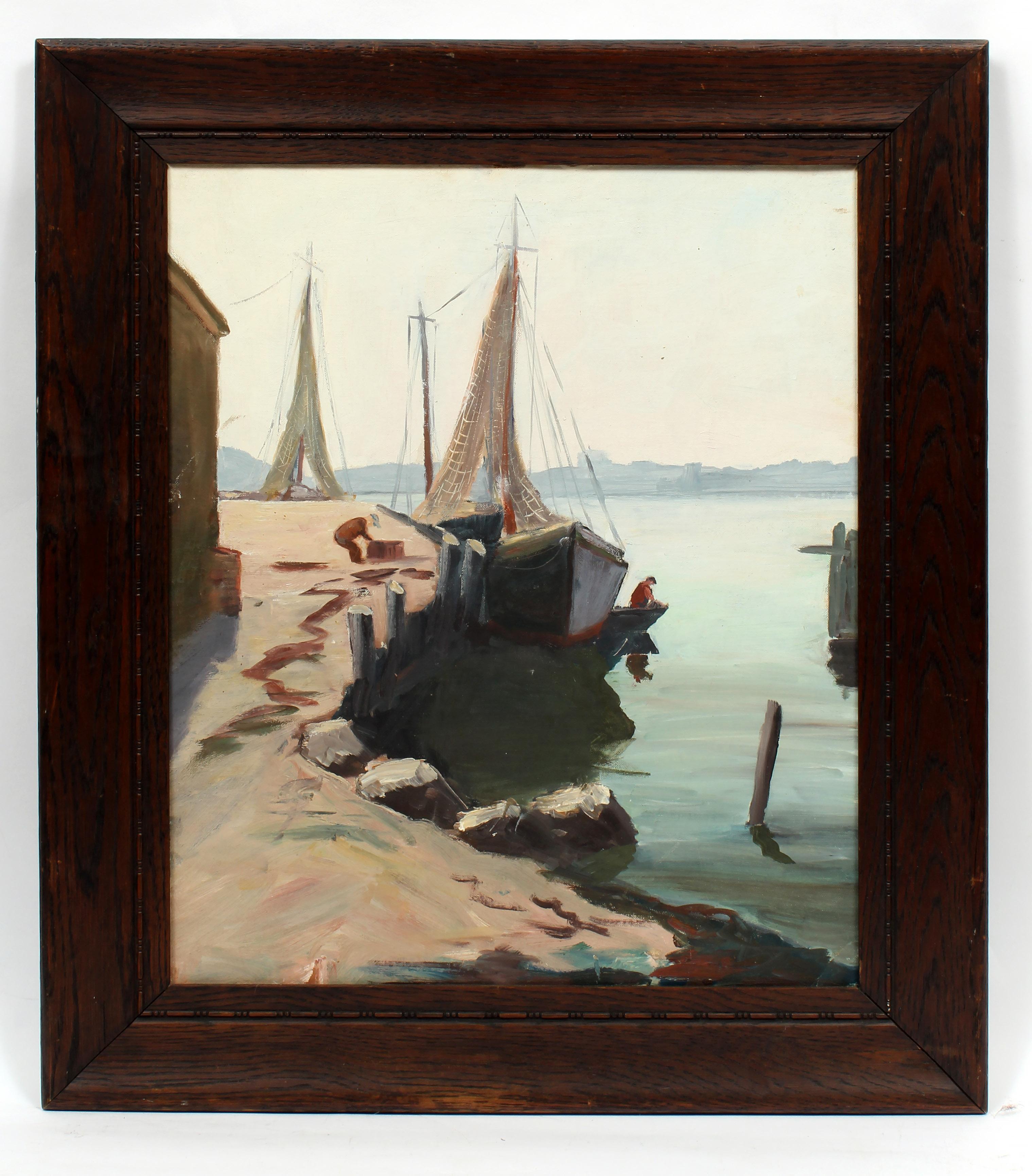 Gloucester Harbor Antique American Oil Painting Fishing Boat Framed 1930 - Black Landscape Painting by Unknown