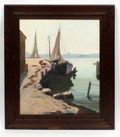 Gloucester Harbor Antique American Oil Painting Fishing Boat Framed 1930