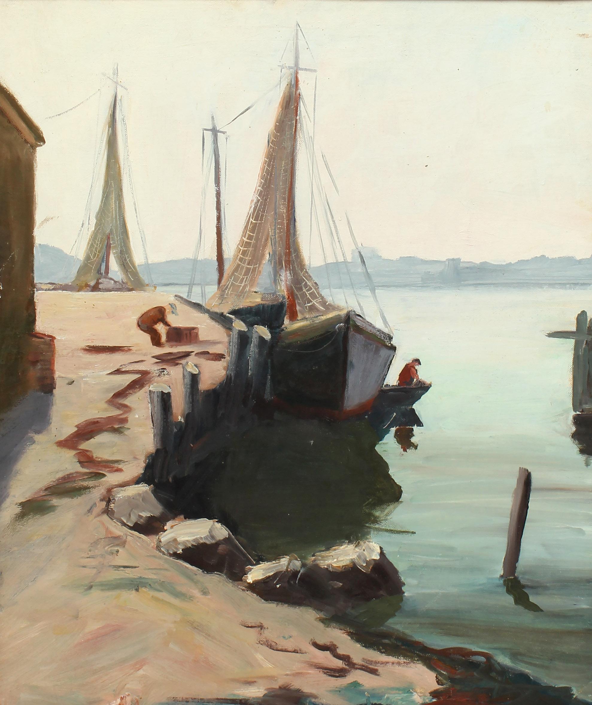 Gloucester Harbor Antique American Oil Painting Fishing Boat Framed 1930 For Sale 1