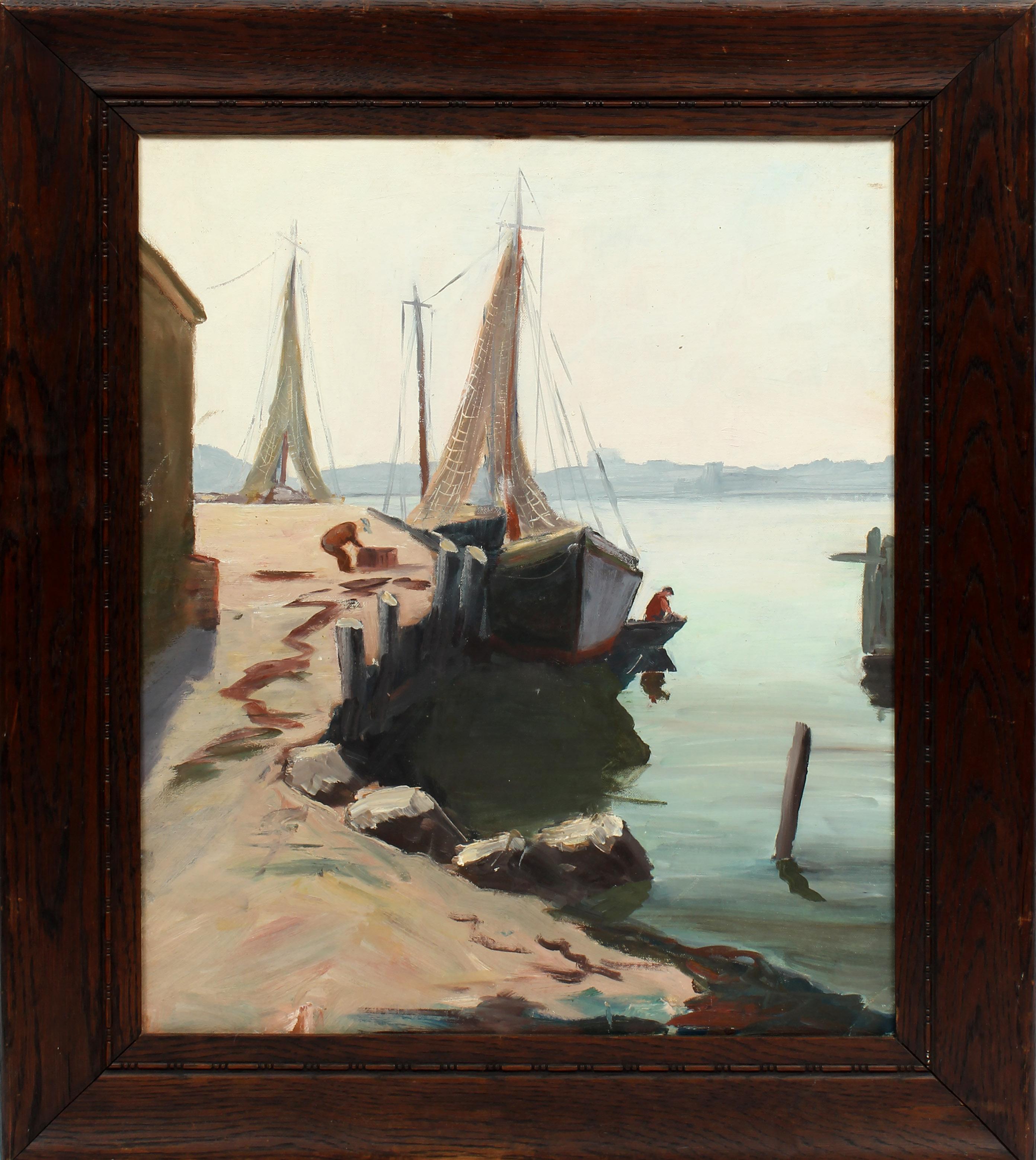Unknown Landscape Painting - Gloucester Harbor Antique American Oil Painting Fishing Boat Framed 1930