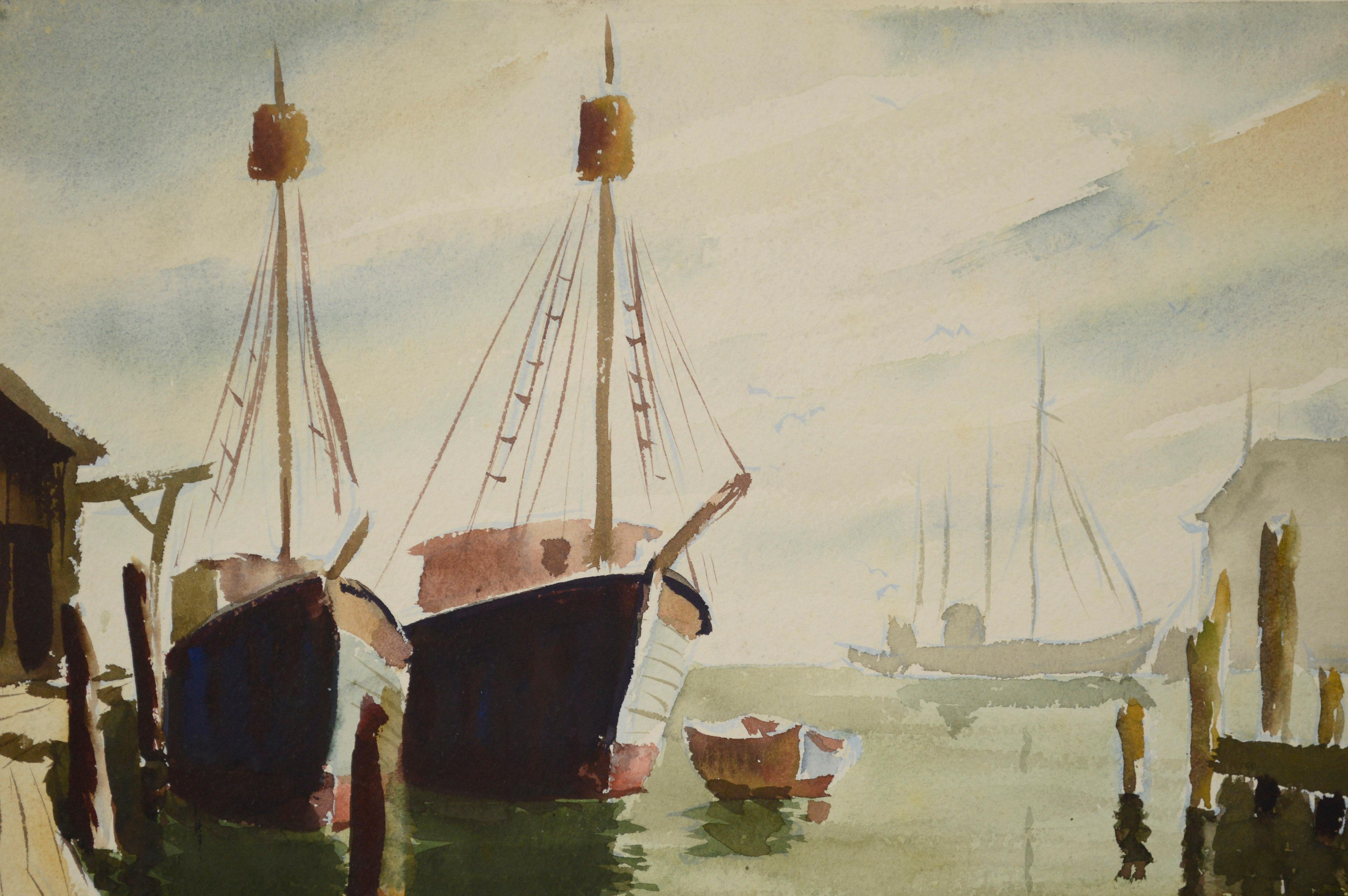 Gloucester Harbor, Mid Century Double-Sided Seascape Watercolor with Boats  - American Impressionist Painting by Unknown