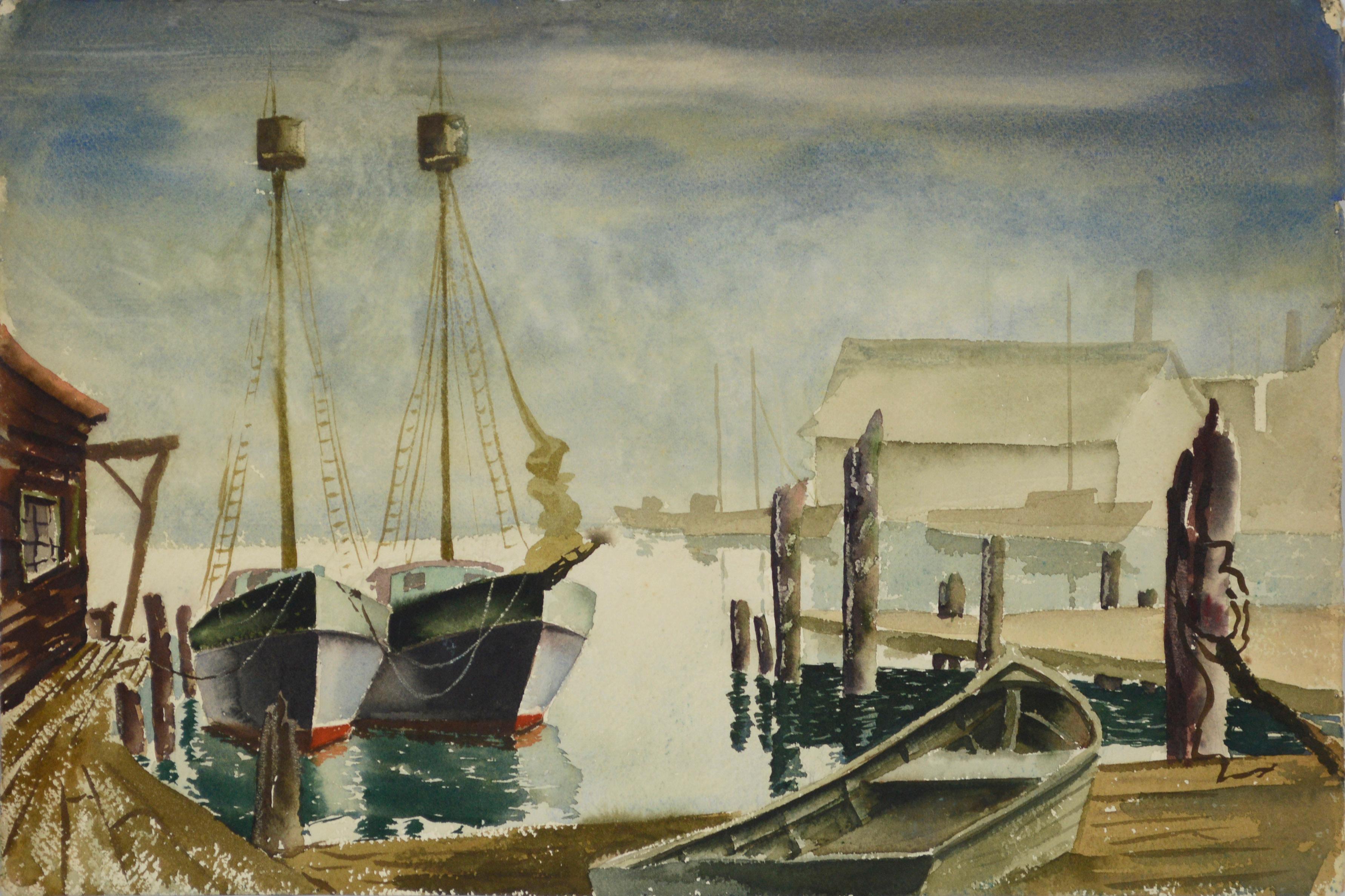 Gloucester Harbor, Mid Century Double-Sided Seascape Watercolor with Boats  - Beige Landscape Painting by Unknown