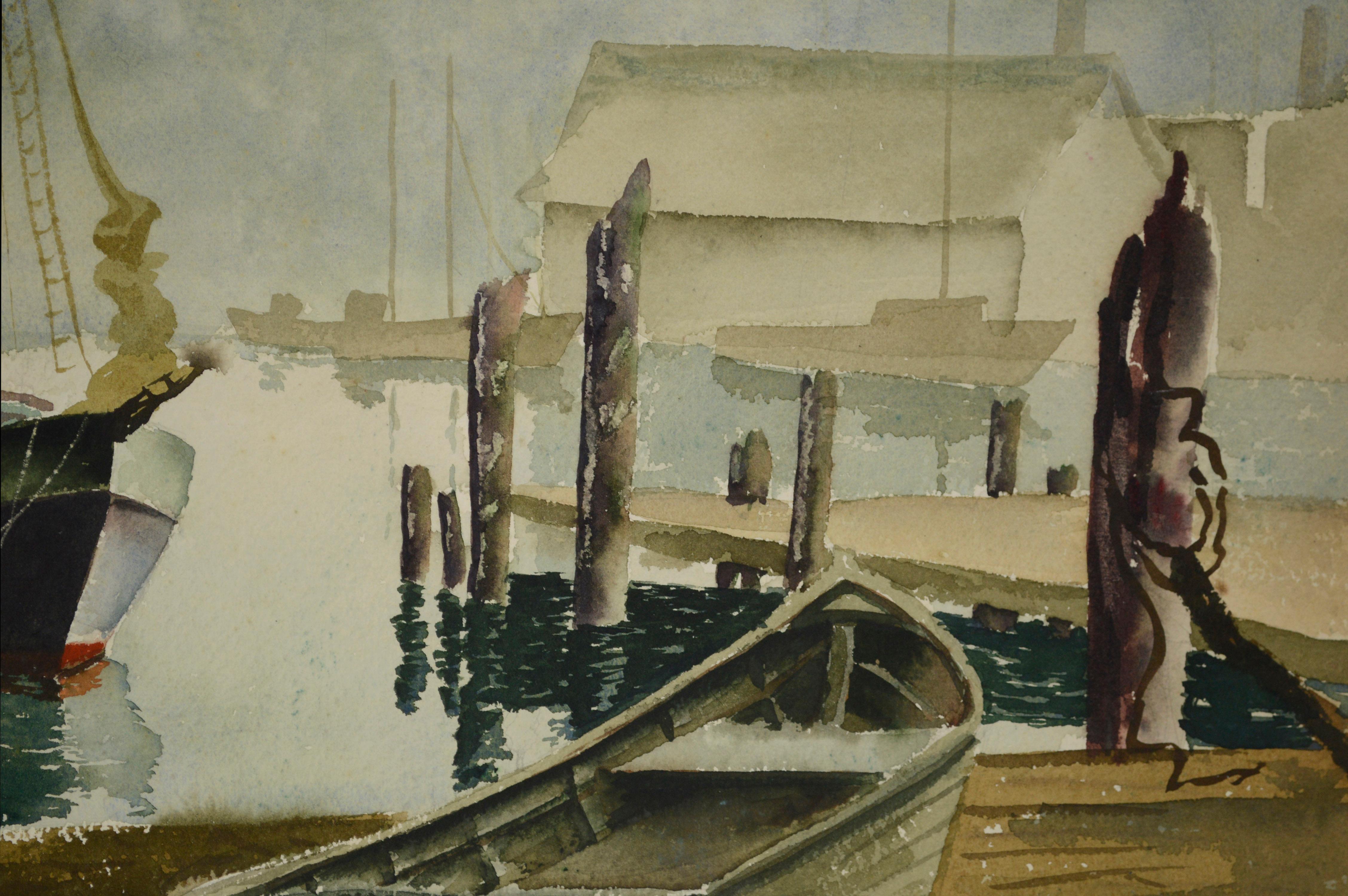 Beautiful mid century double-sided watercolor landscape painting of boats docked in the Gloucester harbor by C. Campbell (American, 20th Century). Unframed. Acquired with a collection of the artist's work. Image size: 14.5