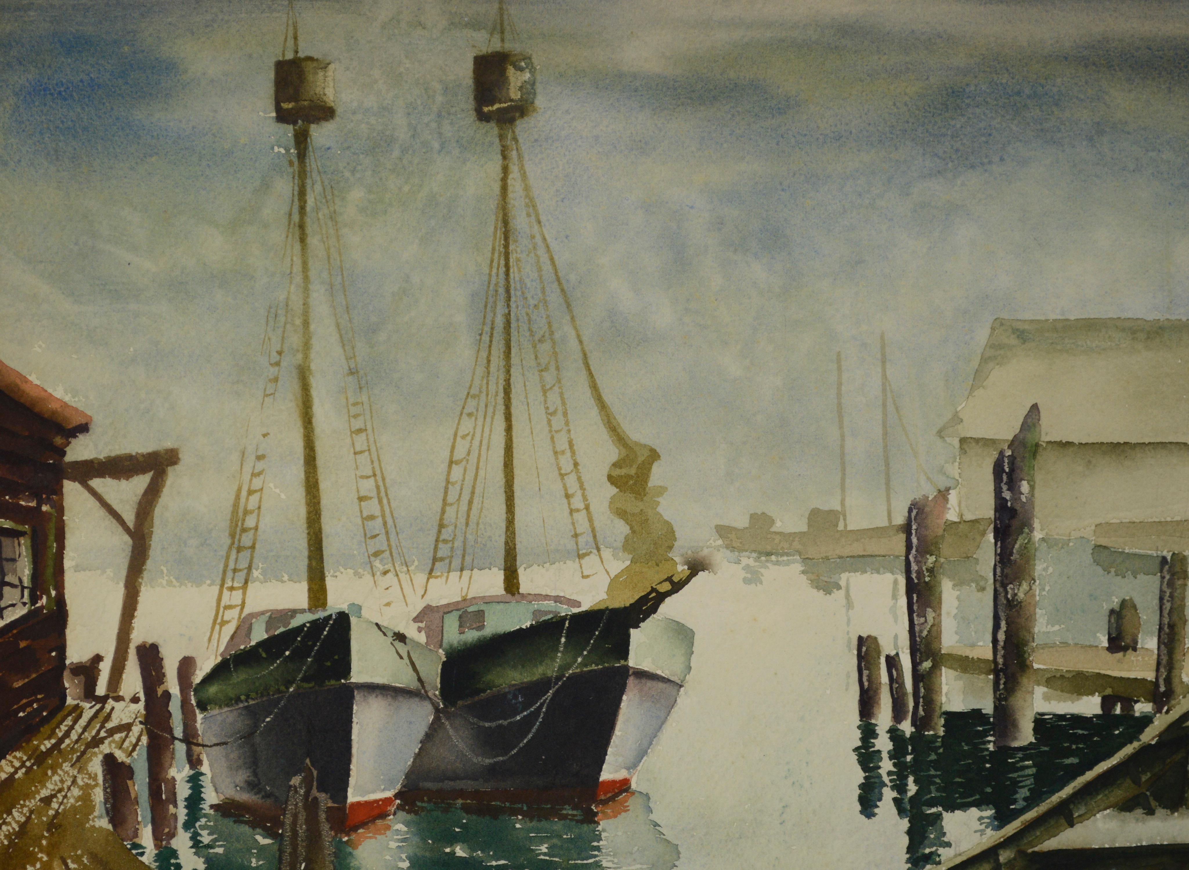 Gloucester Harbor, Mid Century Double-Sided Seascape Watercolor with Boats  For Sale 1