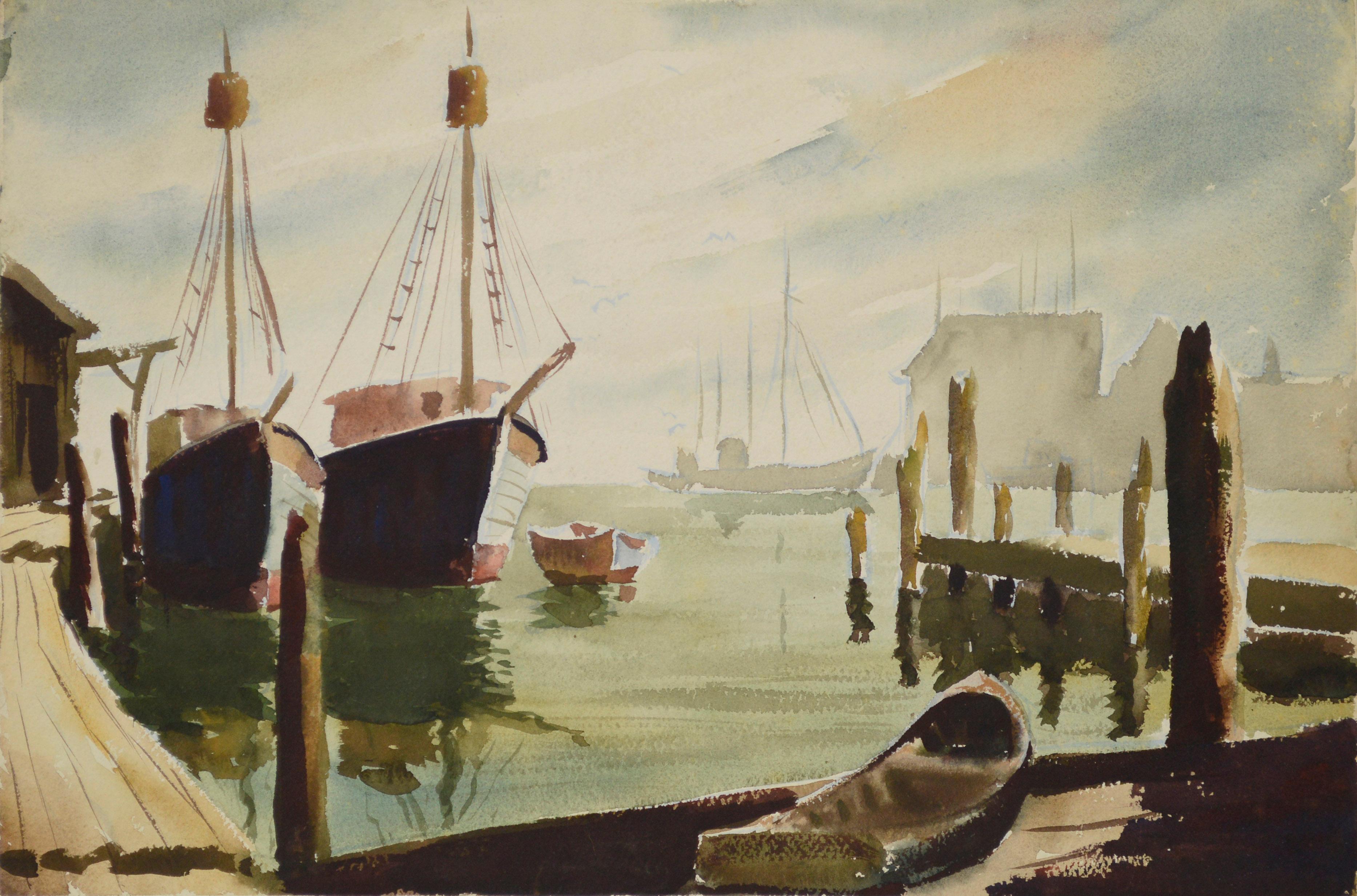 Unknown Landscape Painting - Gloucester Harbor, Mid Century Double-Sided Seascape Watercolor with Boats 