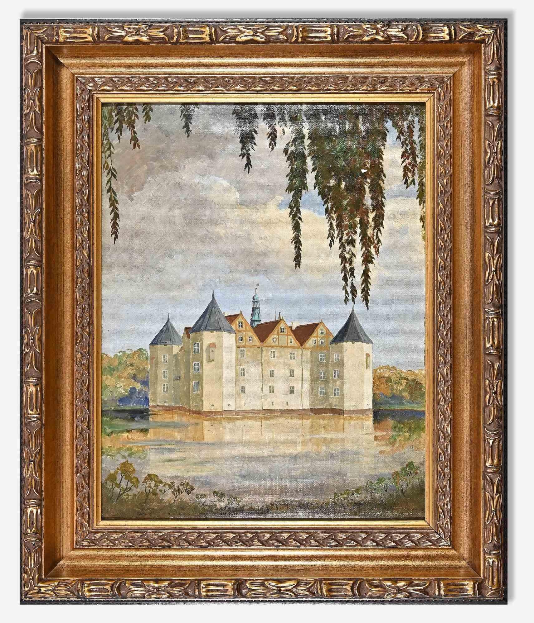 Castillo de Glücksburg, cerca de Flensburg -  Pintura al óleo- Principios del siglo XX