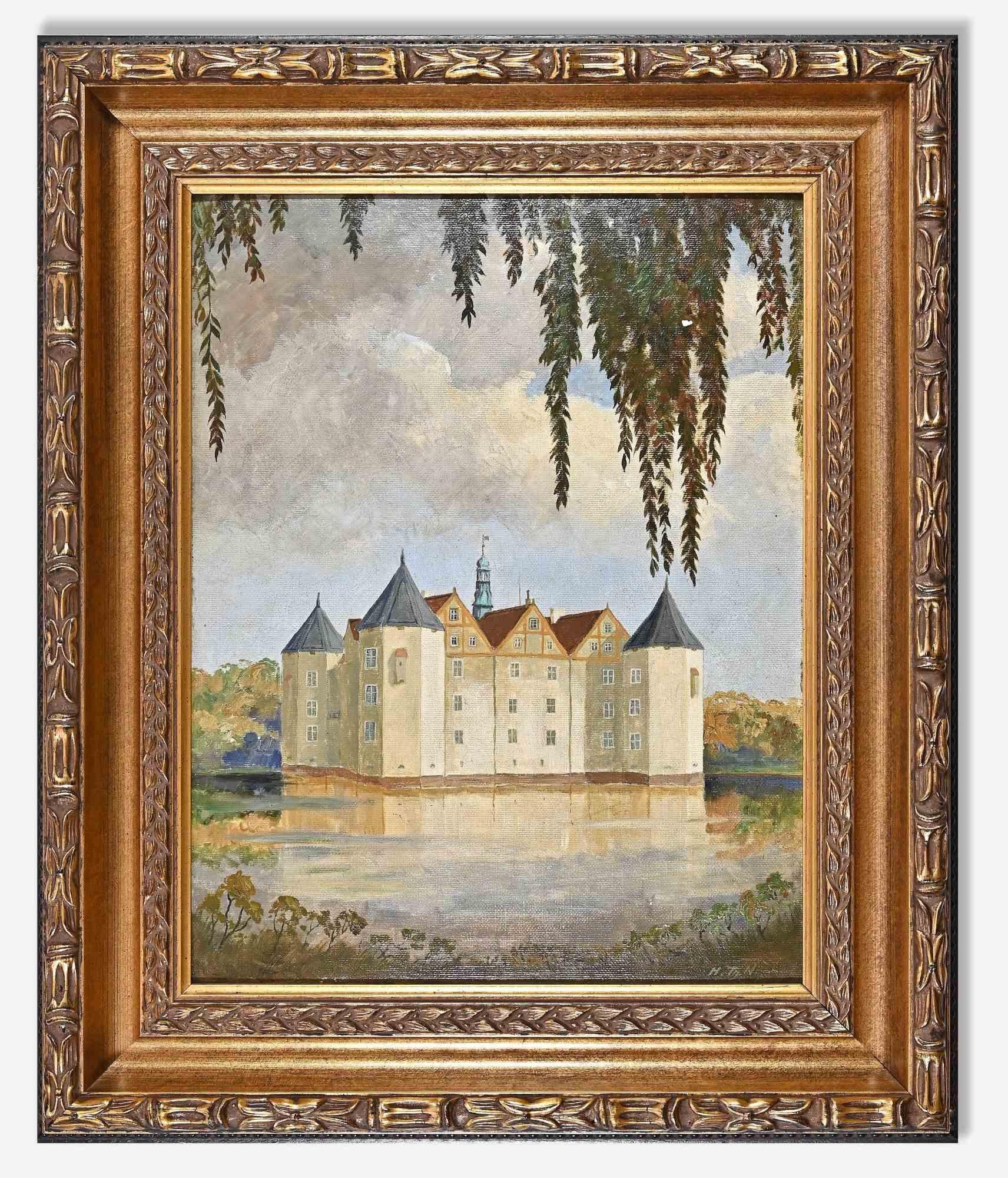 Unknown Figurative Painting - Glücksburg Castle near Flensburg -  Oil Painting- Early 20th Century