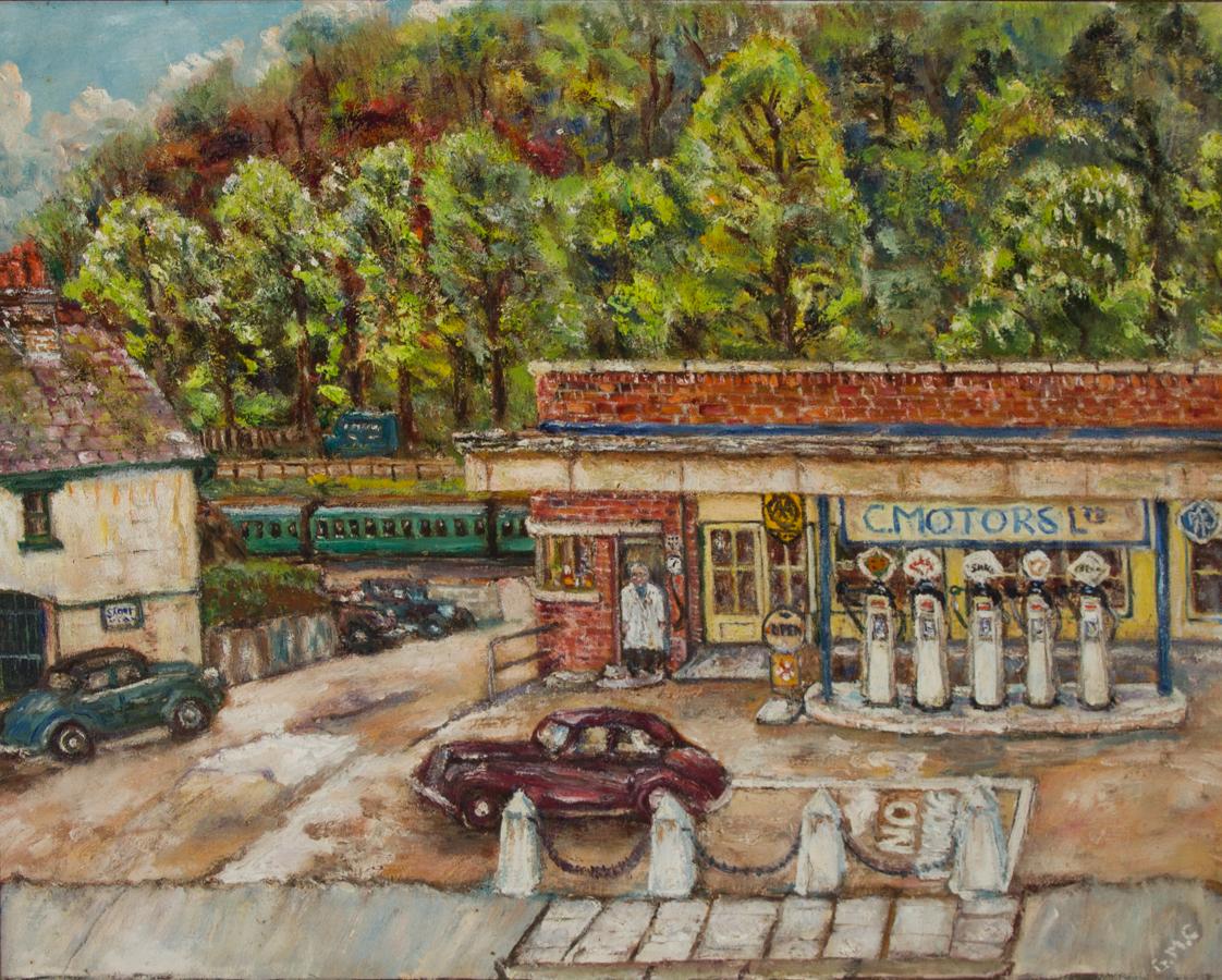 G.M.C - Ornately Framed Mid 20th Century Oil, At the Petrol Station - Painting by Unknown