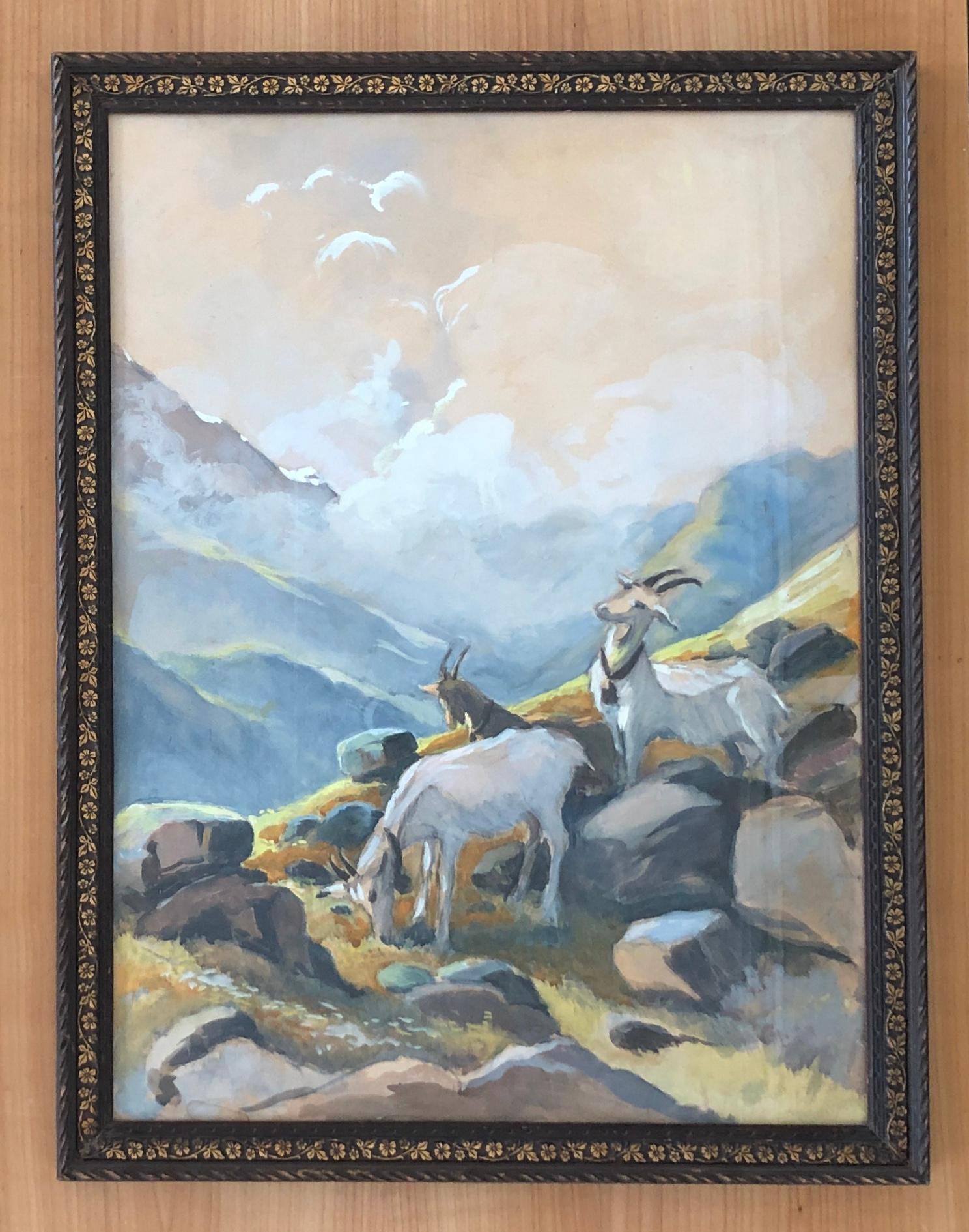 Goats in the mountains - Painting by Unknown