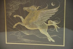 Gold Pegasus Oil Painting, Framed, Signed, 1960s, 14x11 Inches