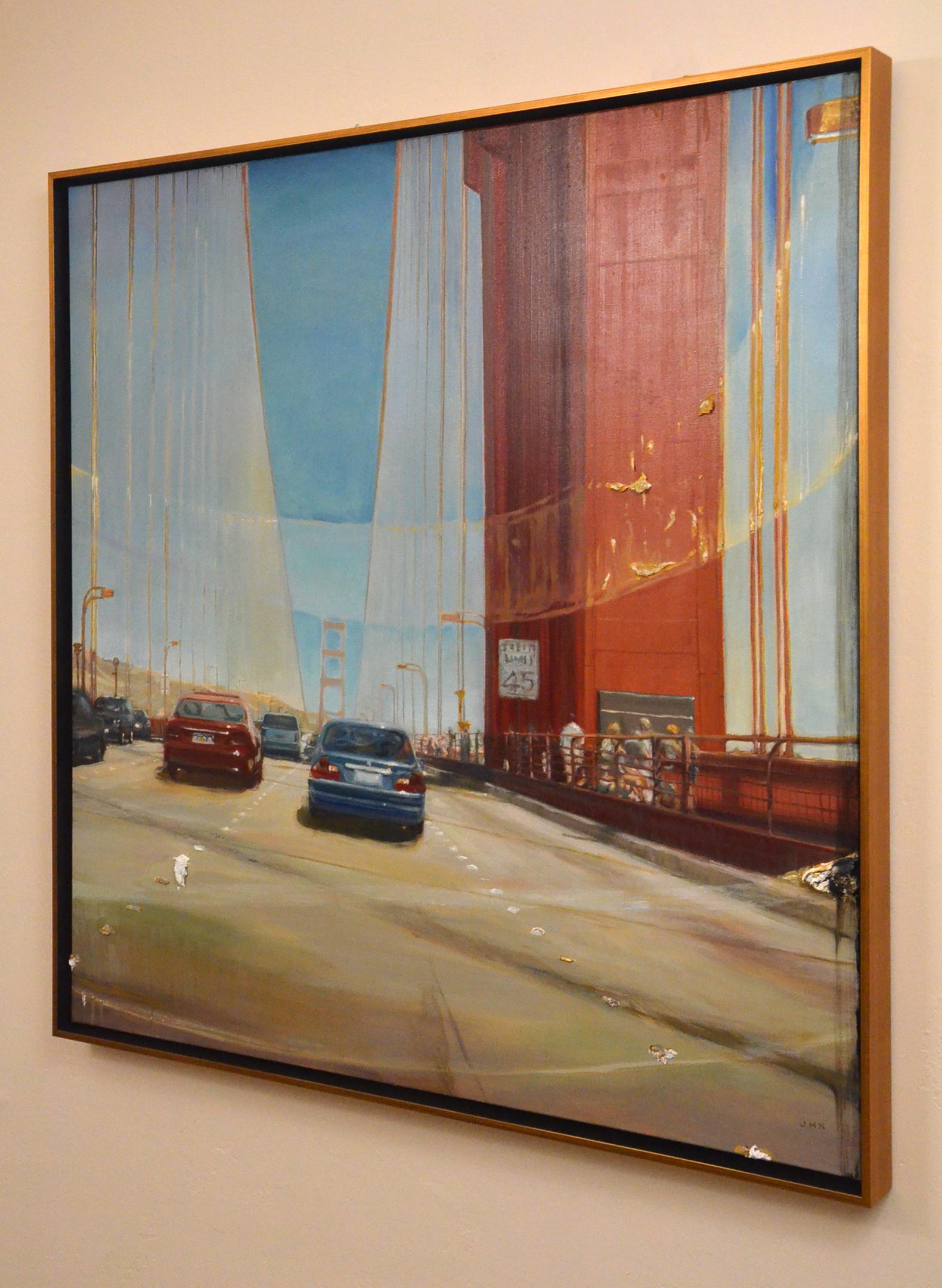 Golden Gate Bridge, Art Deco bright and realistic cityscape in a thick impasto  - Painting by Jung Han Kim