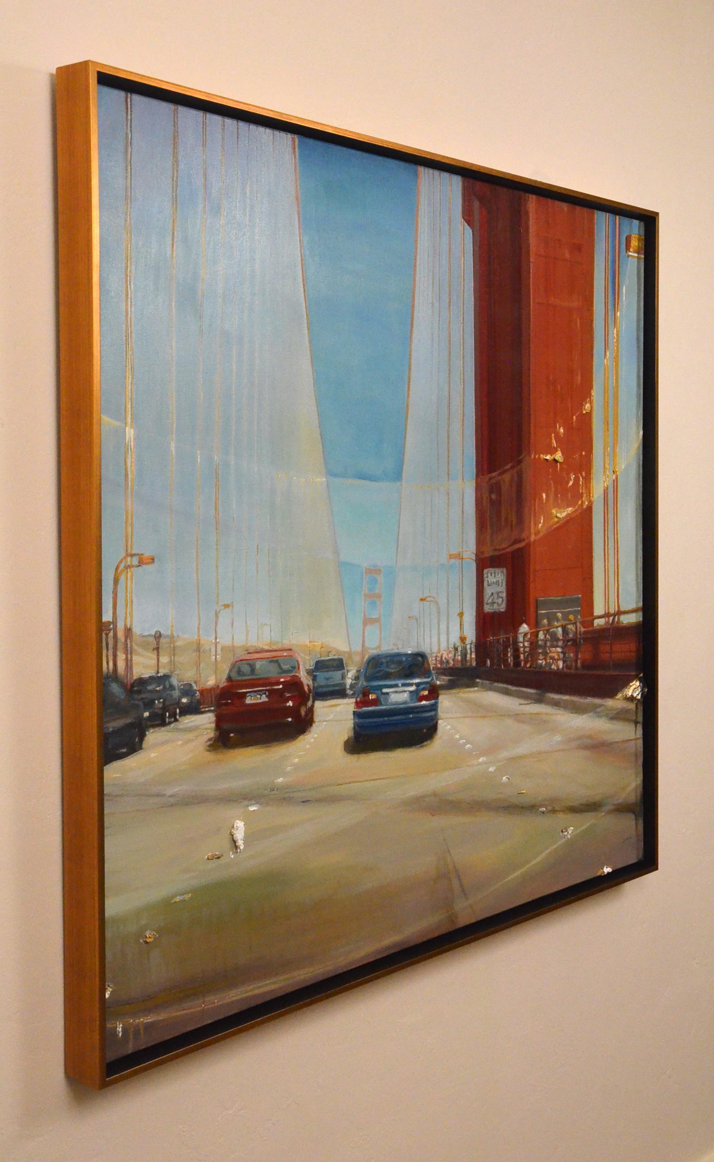Golden Gate Bridge, Art Deco bright and realistic cityscape in a thick impasto  - Realist Painting by Jung Han Kim