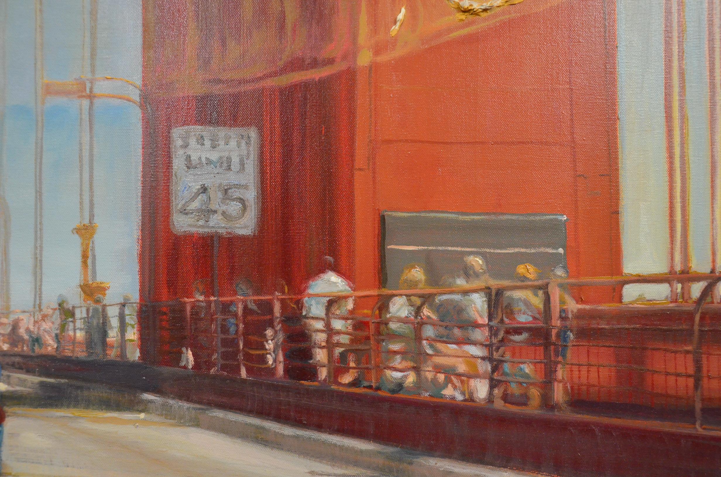Golden Gate Bridge, Art Deco bright and realistic cityscape in a thick impasto  - Gray Abstract Painting by Jung Han Kim