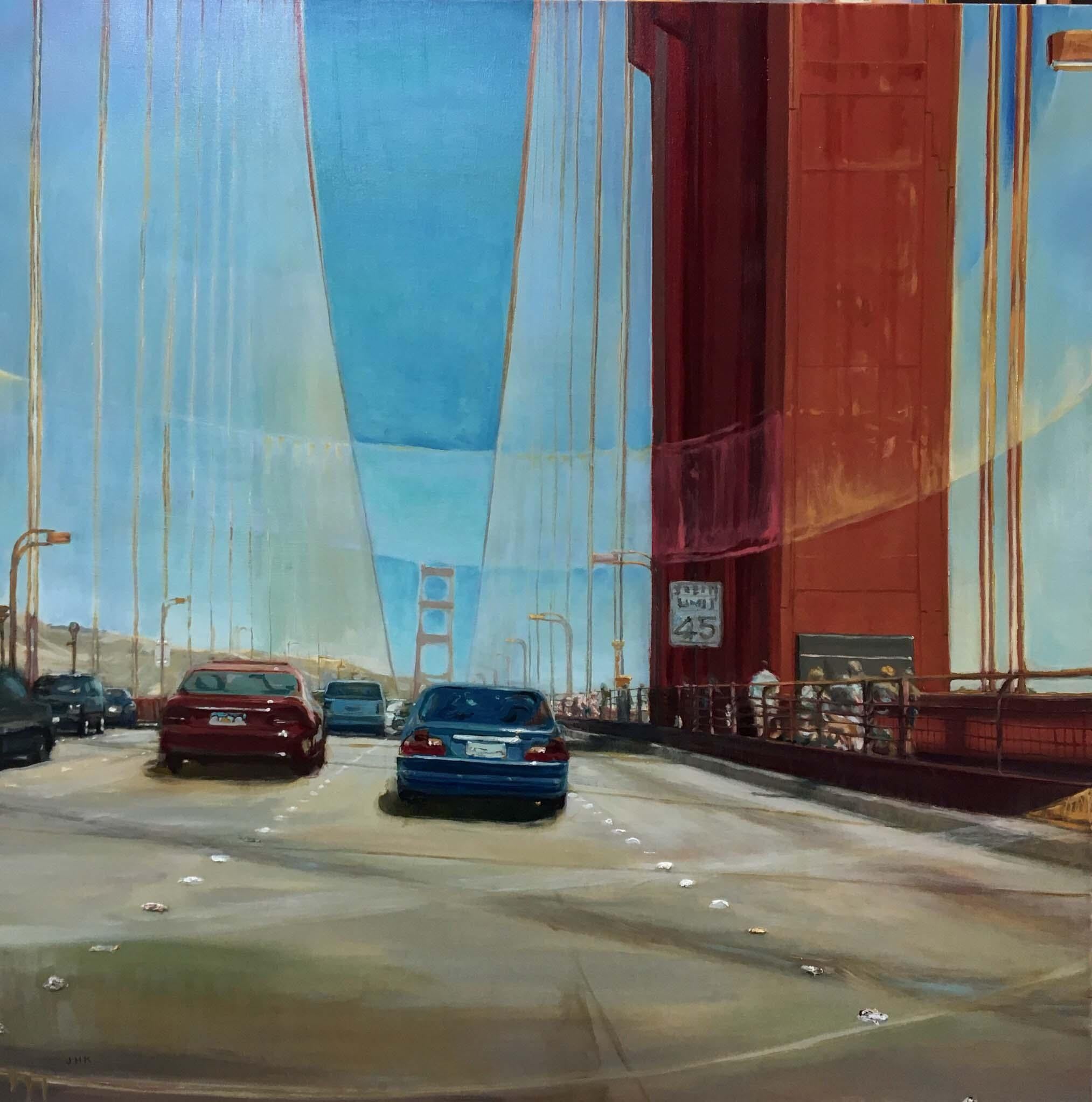 Jung Han Kim Abstract Painting - Golden Gate Bridge, Art Deco bright and realistic cityscape in a thick impasto 