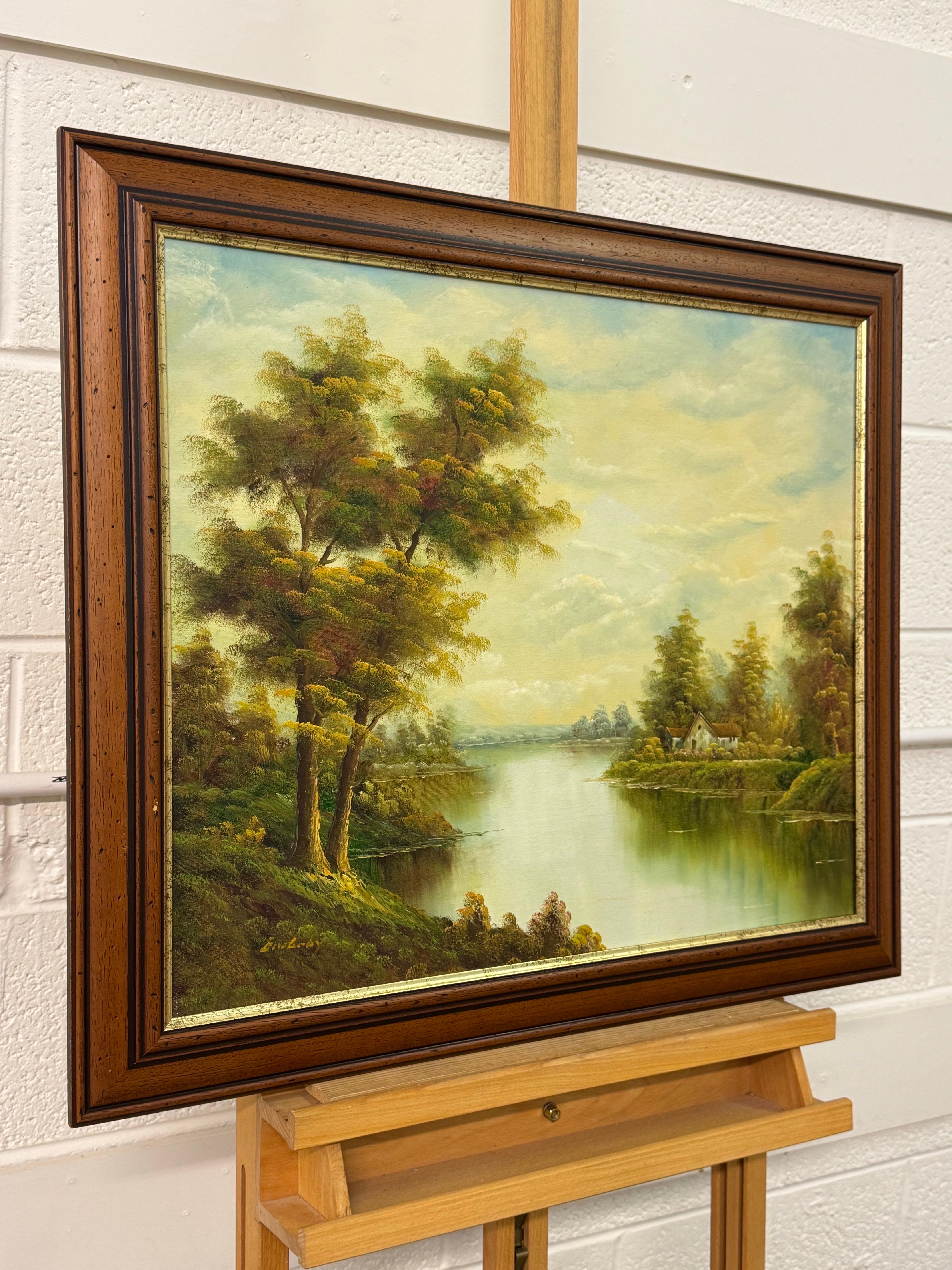 Goldener Dunst legt sich über ruhige Gewässer und hält ein Häuschen in stiller Träumerei (Land), Painting, von Unknown