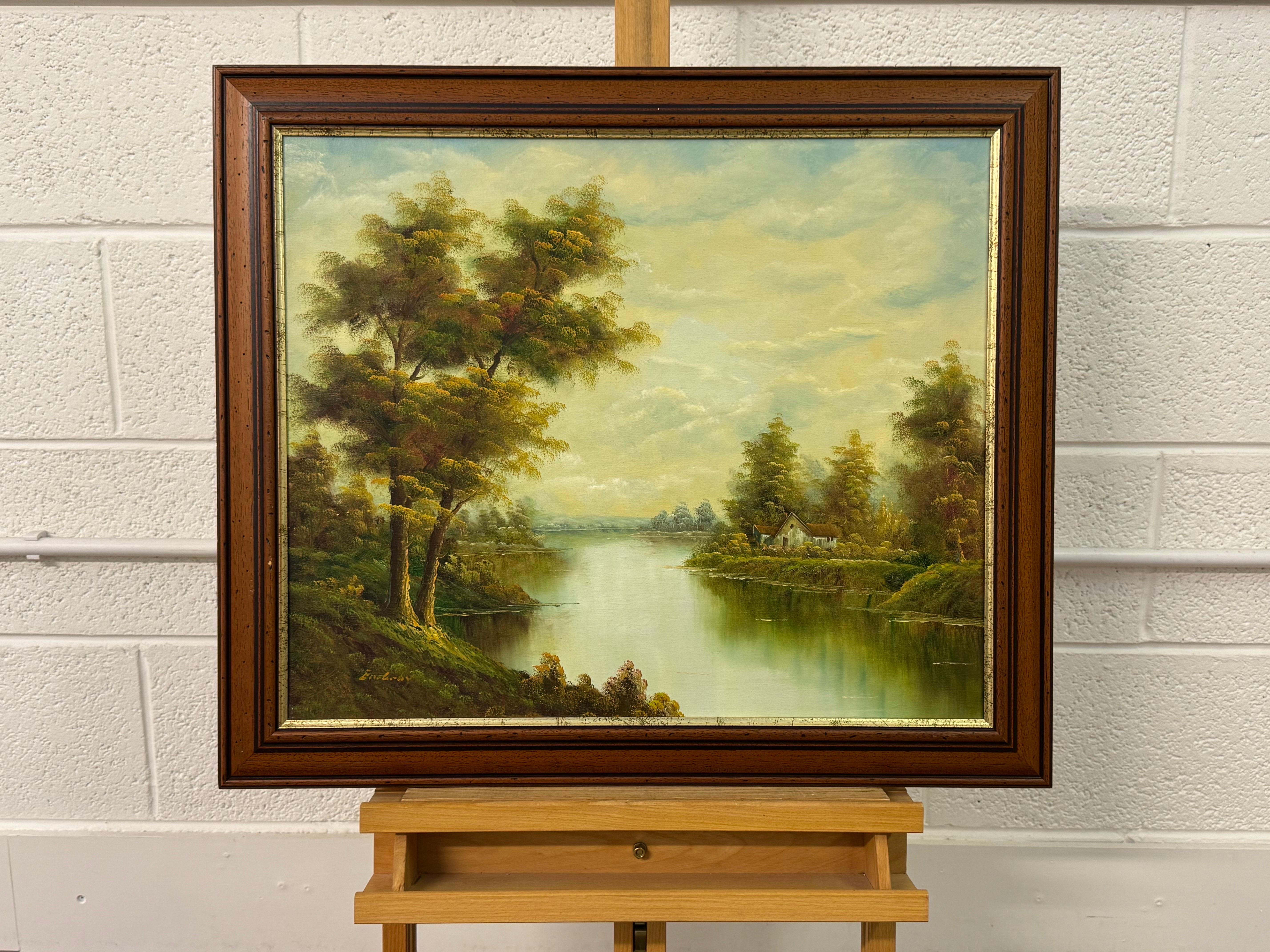 Goldener Dunst legt sich über ruhige Gewässer und hält ein Häuschen in stiller Träumerei (Braun), Figurative Painting, von Unknown