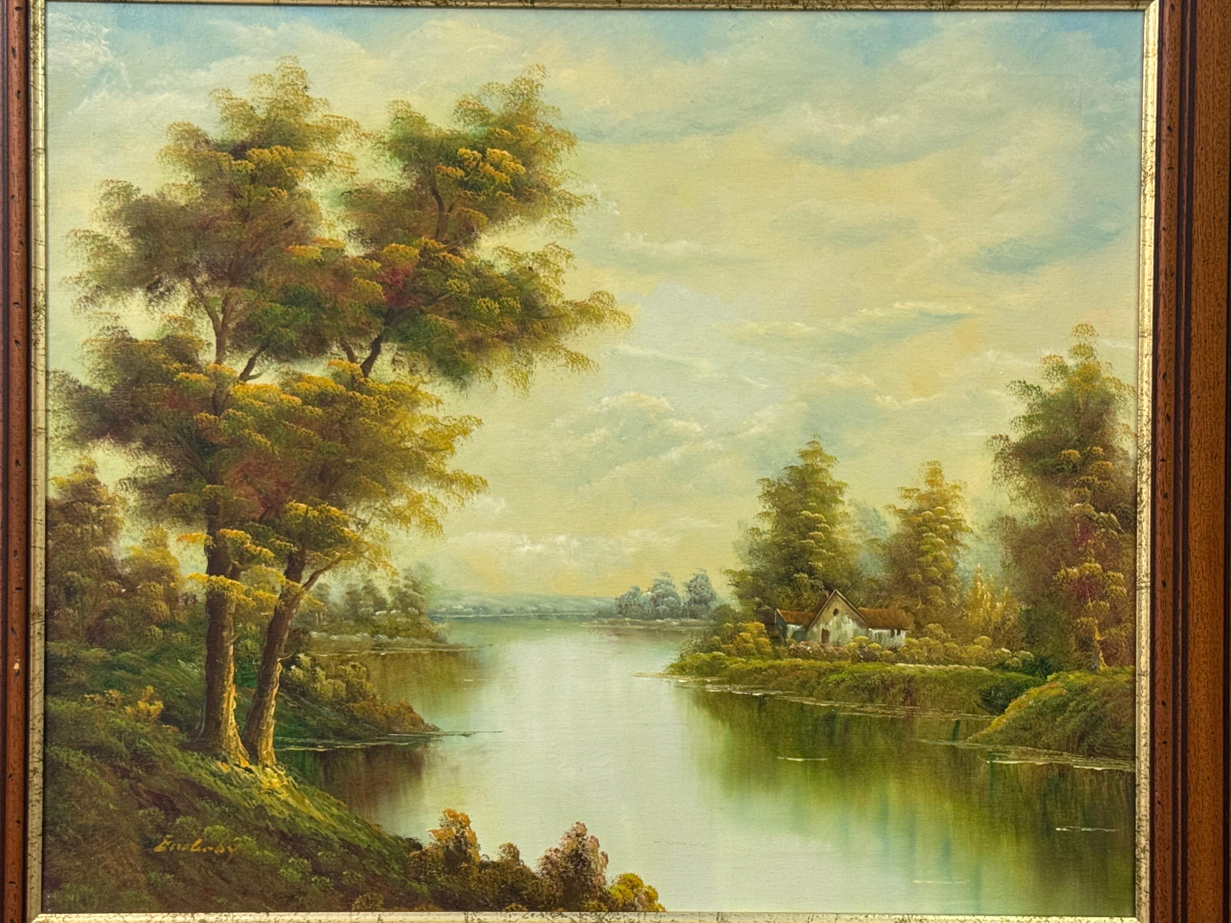 Goldener Dunst legt sich über ruhige Gewässer und hält ein Häuschen in stiller Träumerei im Angebot 4