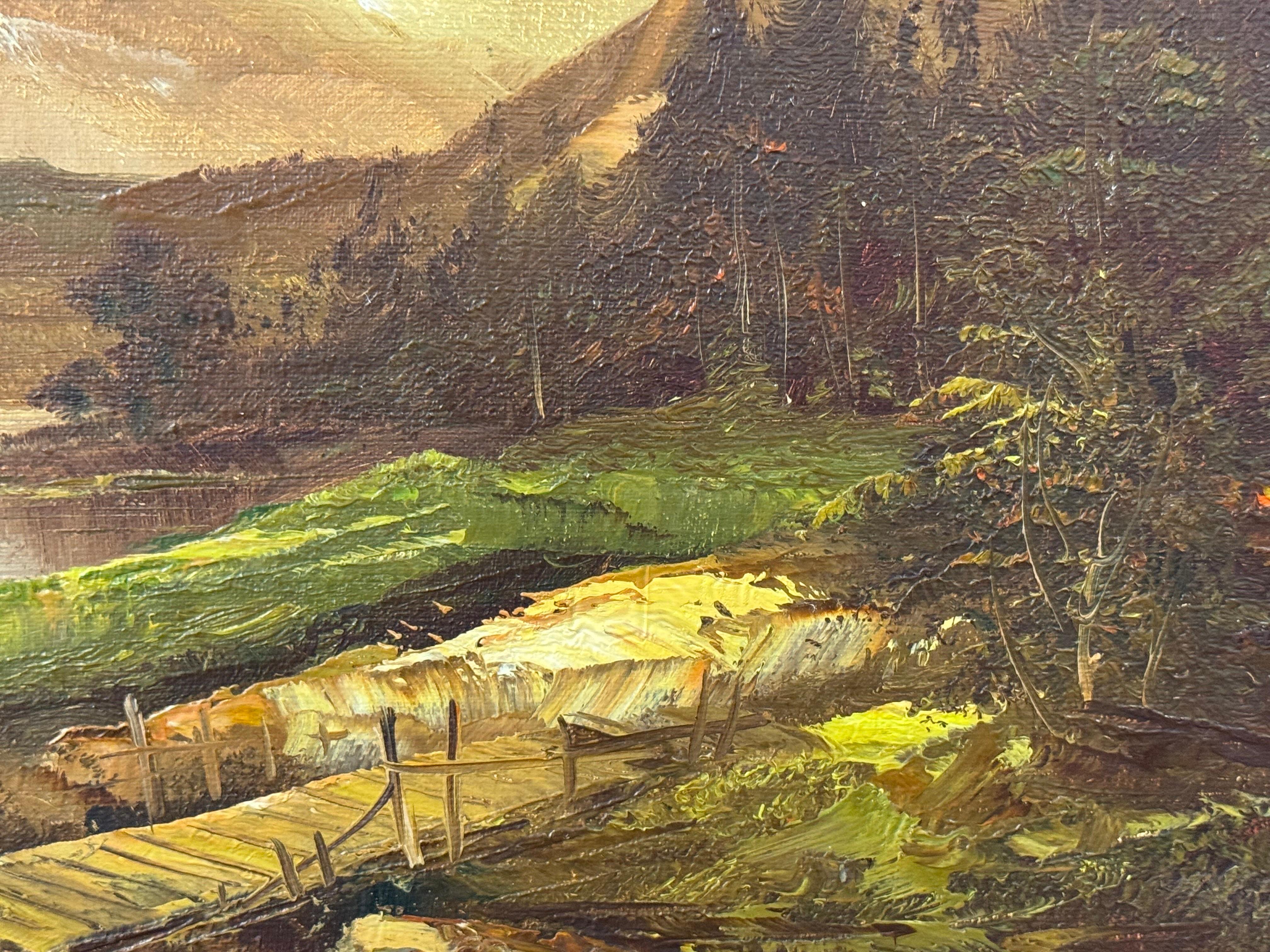 Goldene Berggipfel erheben sich über einem ruhigen Fluss, wo sich Licht und Einsamkeit treffen im Angebot 5