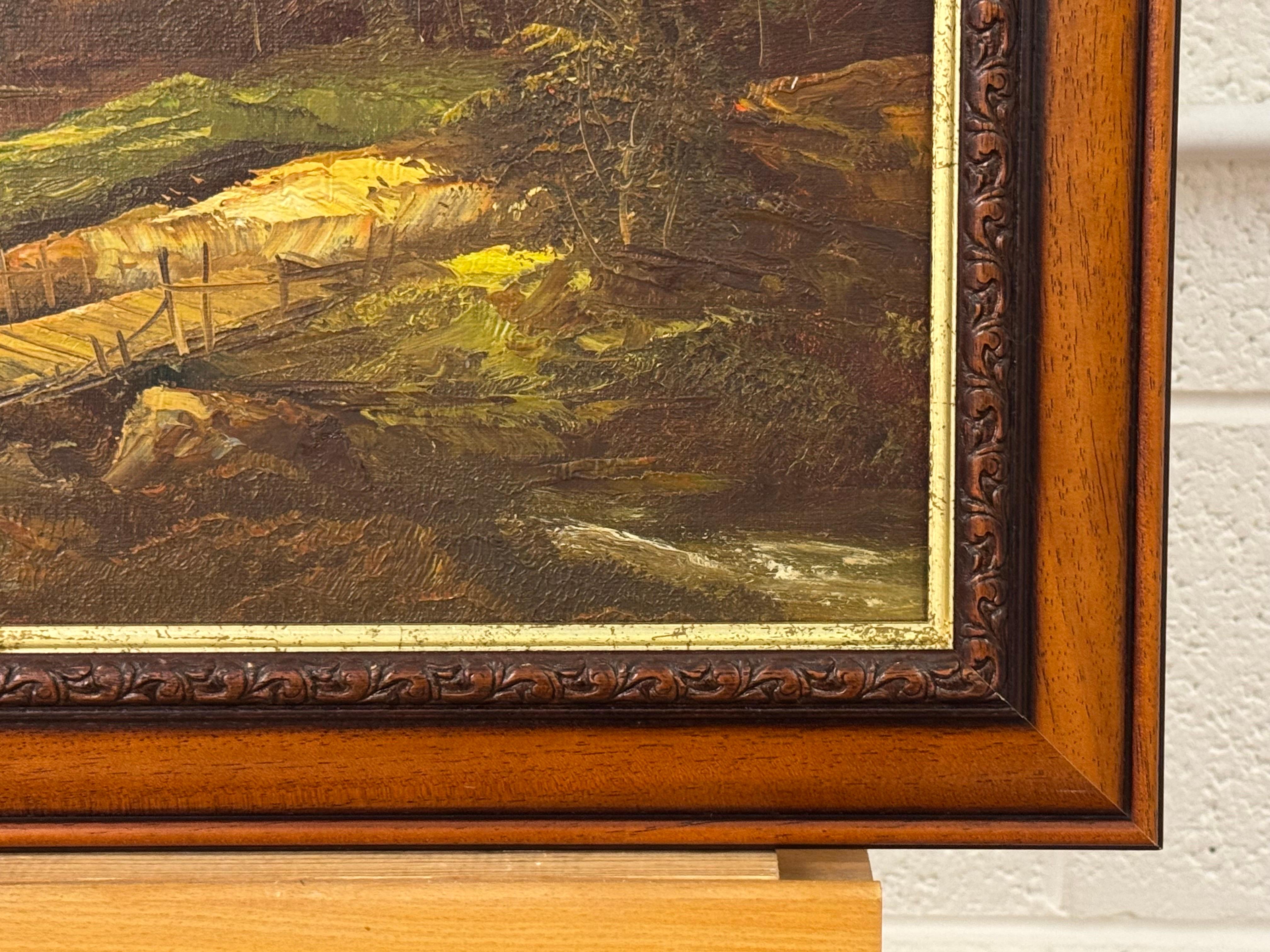 Goldene Berggipfel erheben sich über einem ruhigen Fluss, wo sich Licht und Einsamkeit treffen im Angebot 2