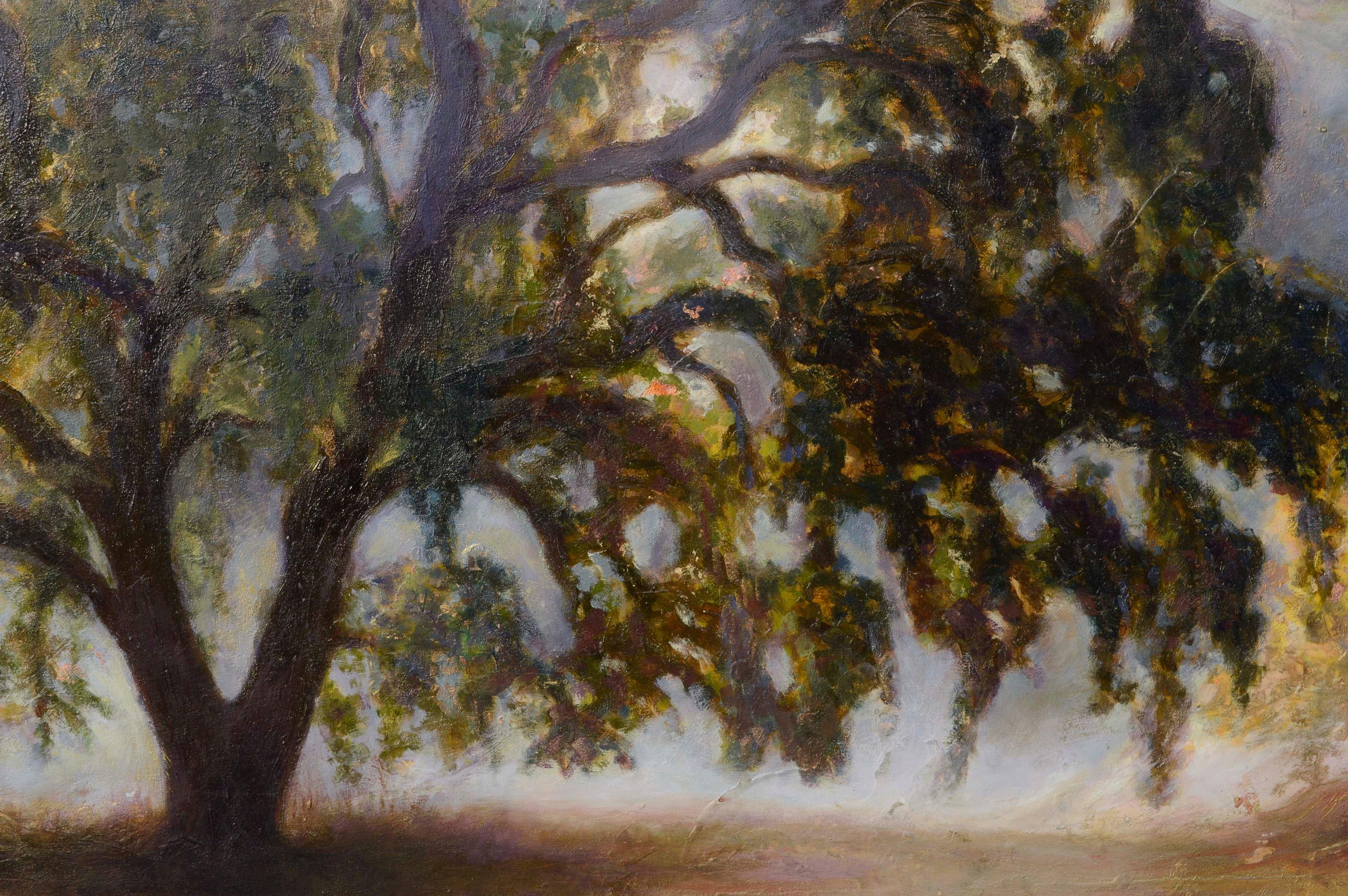 Bezauberndes Ölgemälde eines leuchtenden, strukturierten Baumes, überzogen mit Blattgold und tiefem Violett von einem unbekannten Künstler  (Amerikaner, 20. Jahrhundert). Nicht signiert. Gemalt auf schwerem 1/4
