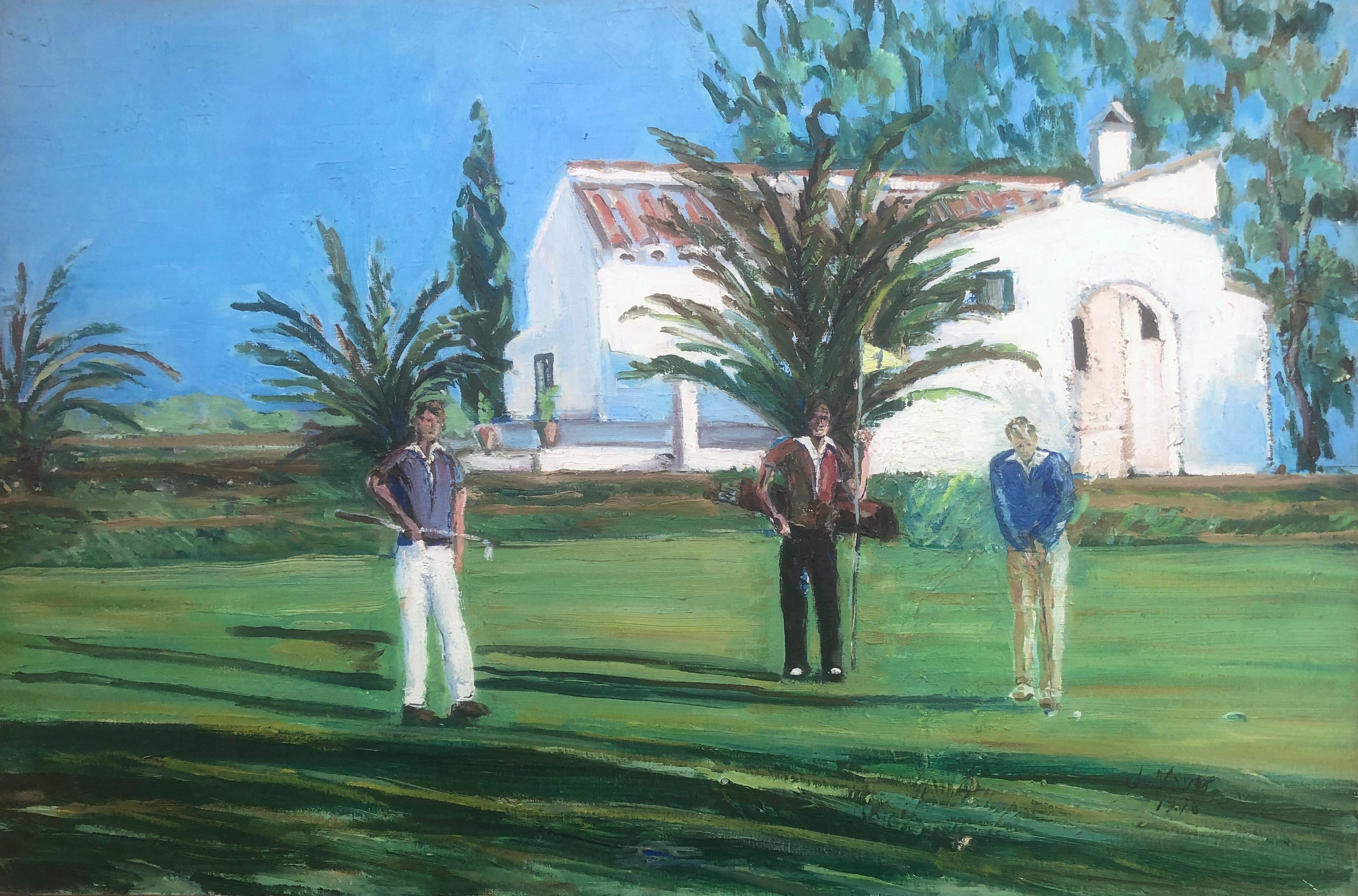 Unknown Figurative Painting – Golfspieler Öl auf Leinwand Gemälde