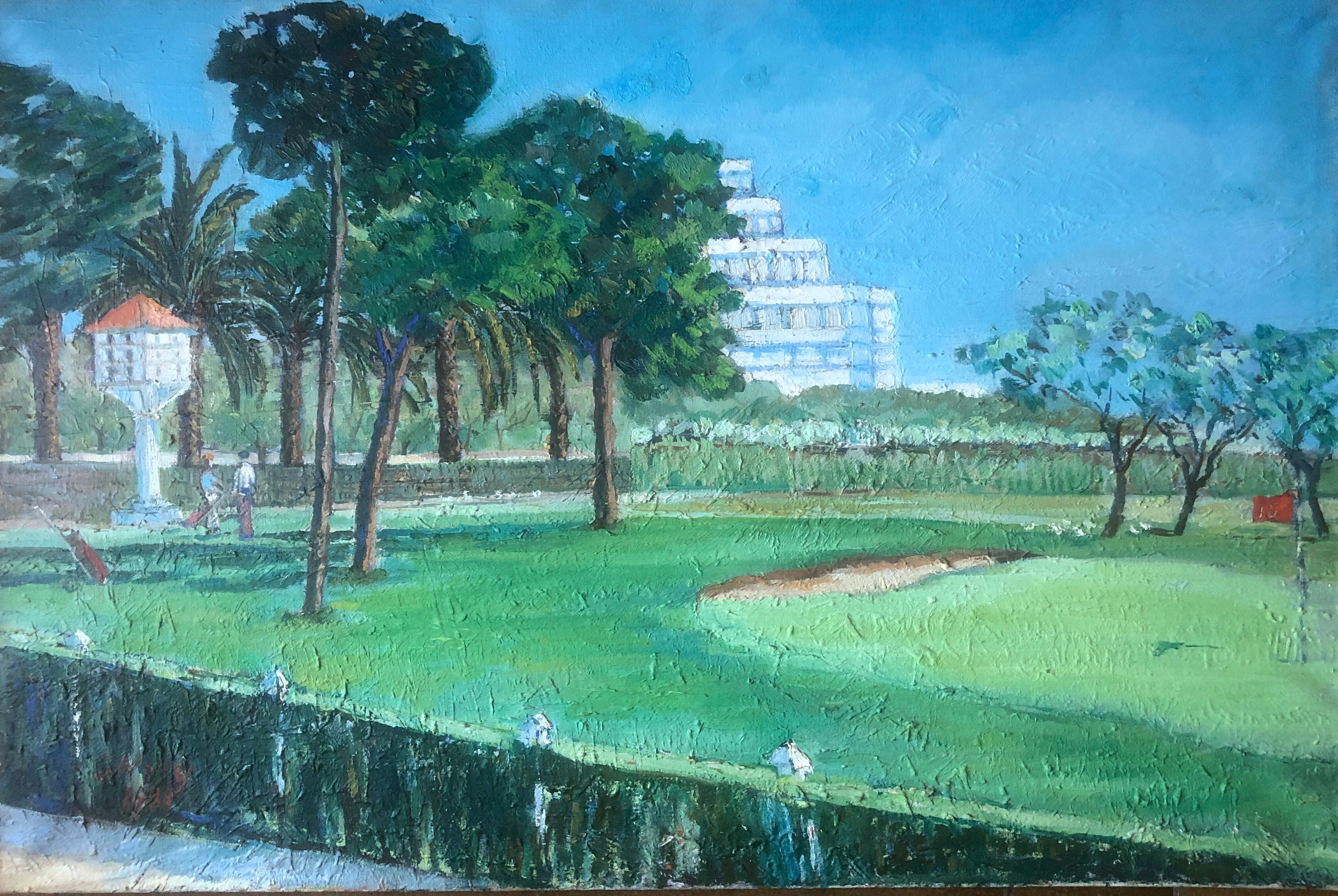 Unknown Landscape Painting - Golf players oil on canvas painting terramar sitges spain