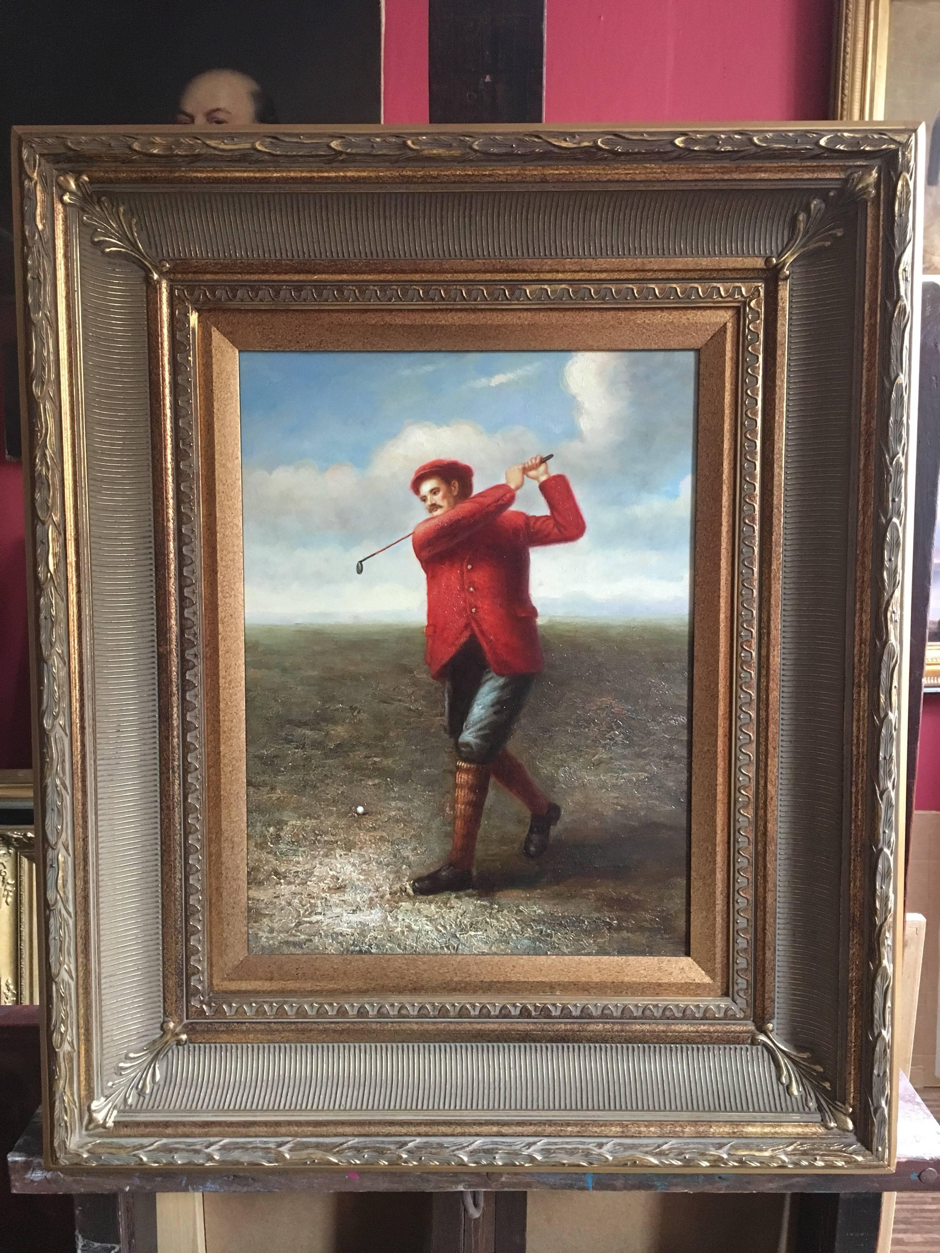 The Golfer
unsigned, 20th Century
Oil painting on canvas, framed
Framed size: 25 x 21 inches

Stylish portrait of a dapper gentlemen in his tailored red sports jacket, matching hat and club. Definitely a painting for the golfing enthusiast. 

The