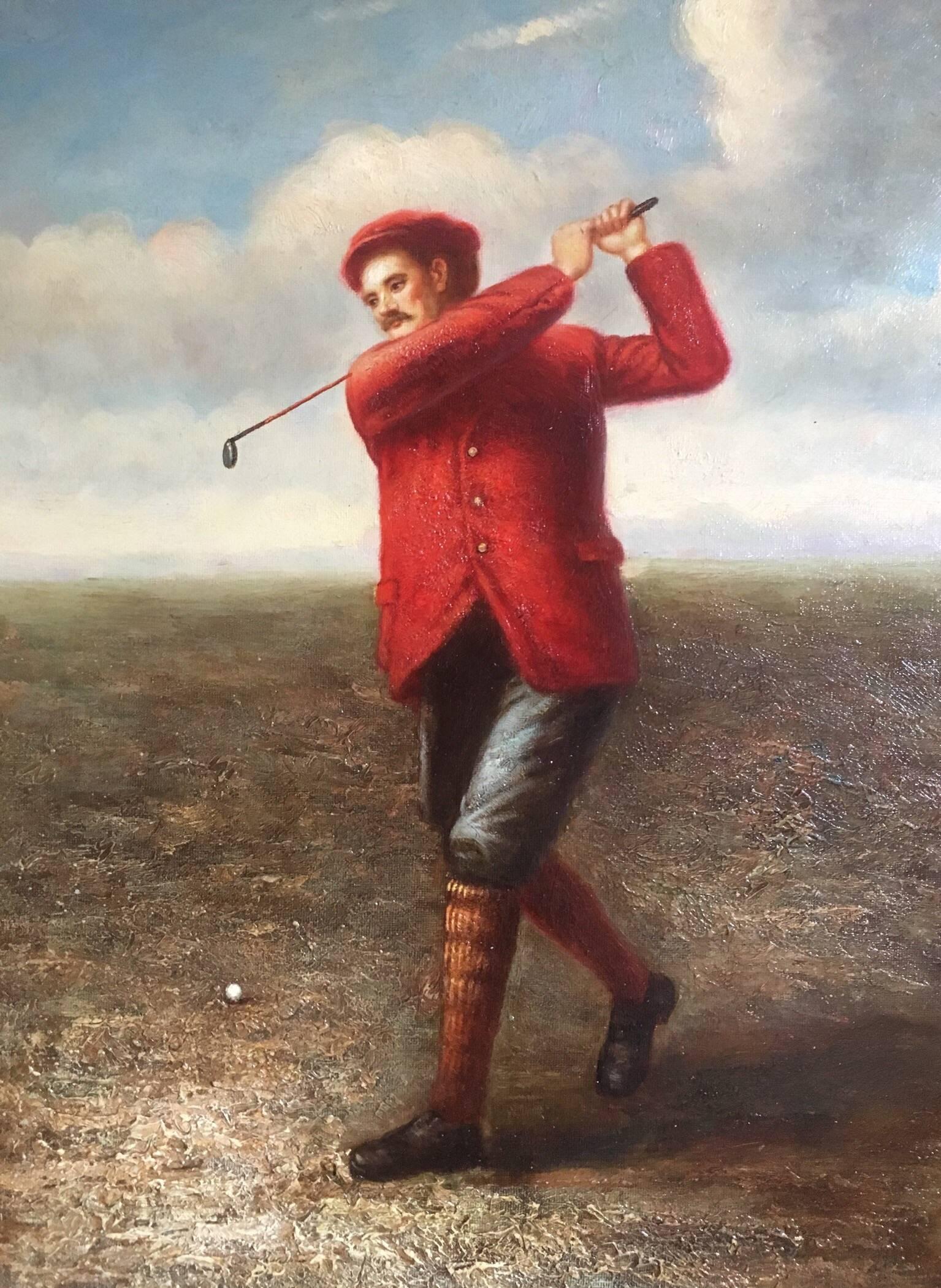 Unknown Portrait Painting - Golfer in Action, Fine Sporting Portrait, Oil Painting 