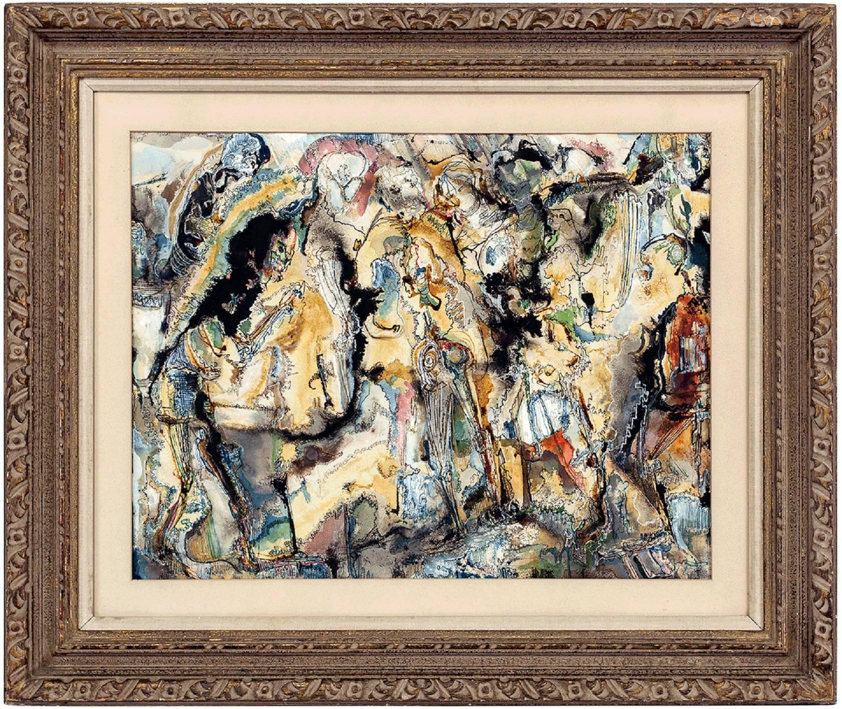 Abstract Painting Unknown - Magnifique composition expressionniste abstraite à l'encre et à l'aquarelle