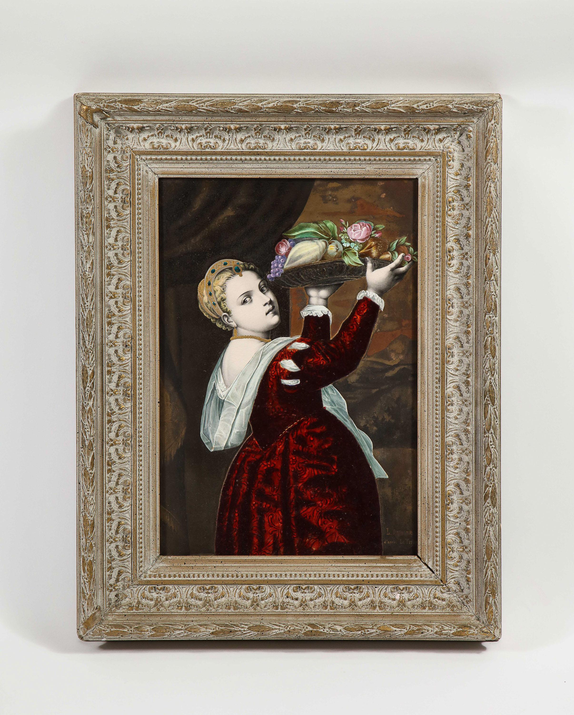Gorgeous French Maroon Limoges Enamel Porcelain Plaque Woman With Fruits, Titian - Painting by Unknown