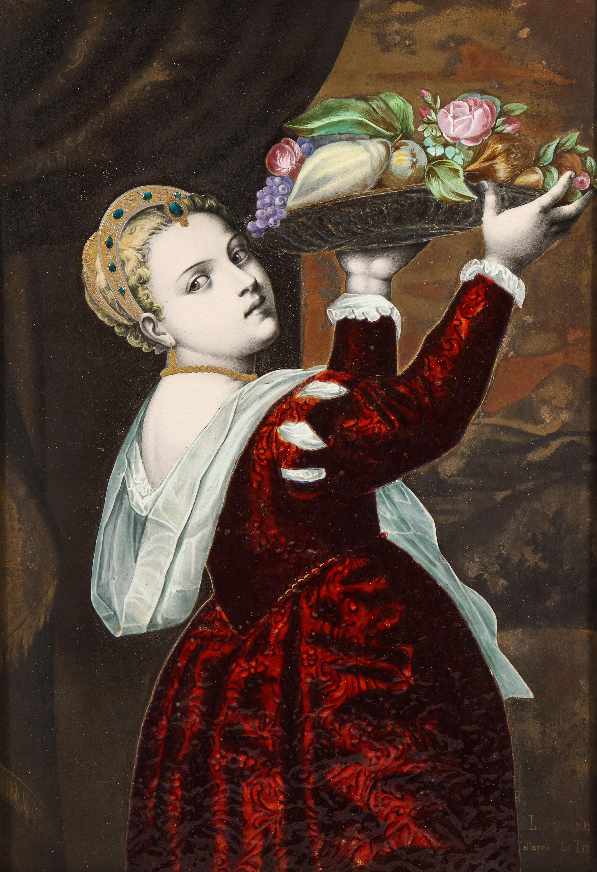 Gorgeous French Maroon Limoges Enamel Porcelain Plaque Woman With Fruits, Titian - Brown Portrait Painting by Unknown