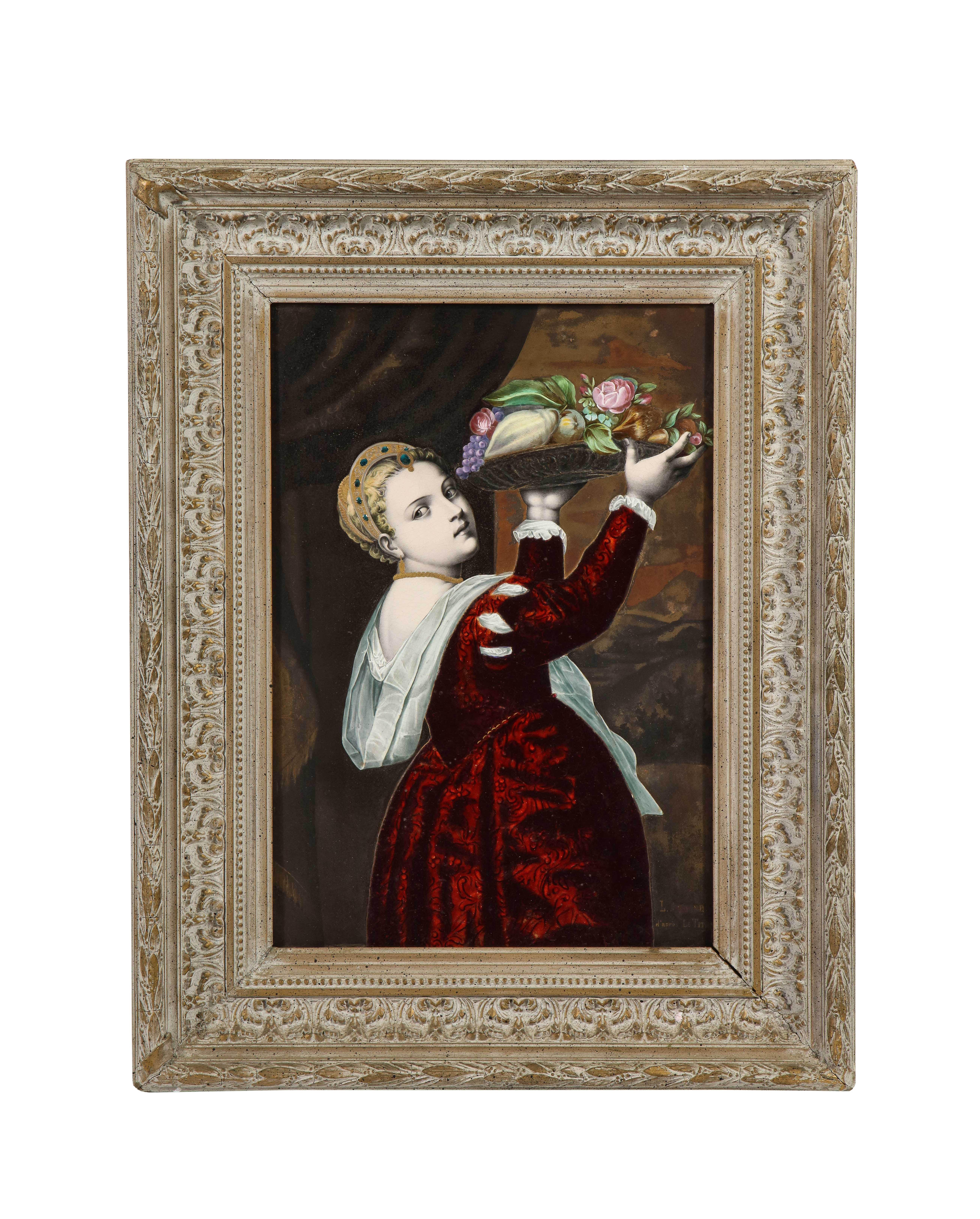 Unknown Portrait Painting - Gorgeous French Maroon Limoges Enamel Porcelain Plaque Woman With Fruits, Titian