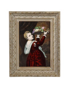 Gorgeous French Maroon Limoges Enamel Porcelain Plaque Woman With Fruits, Titian