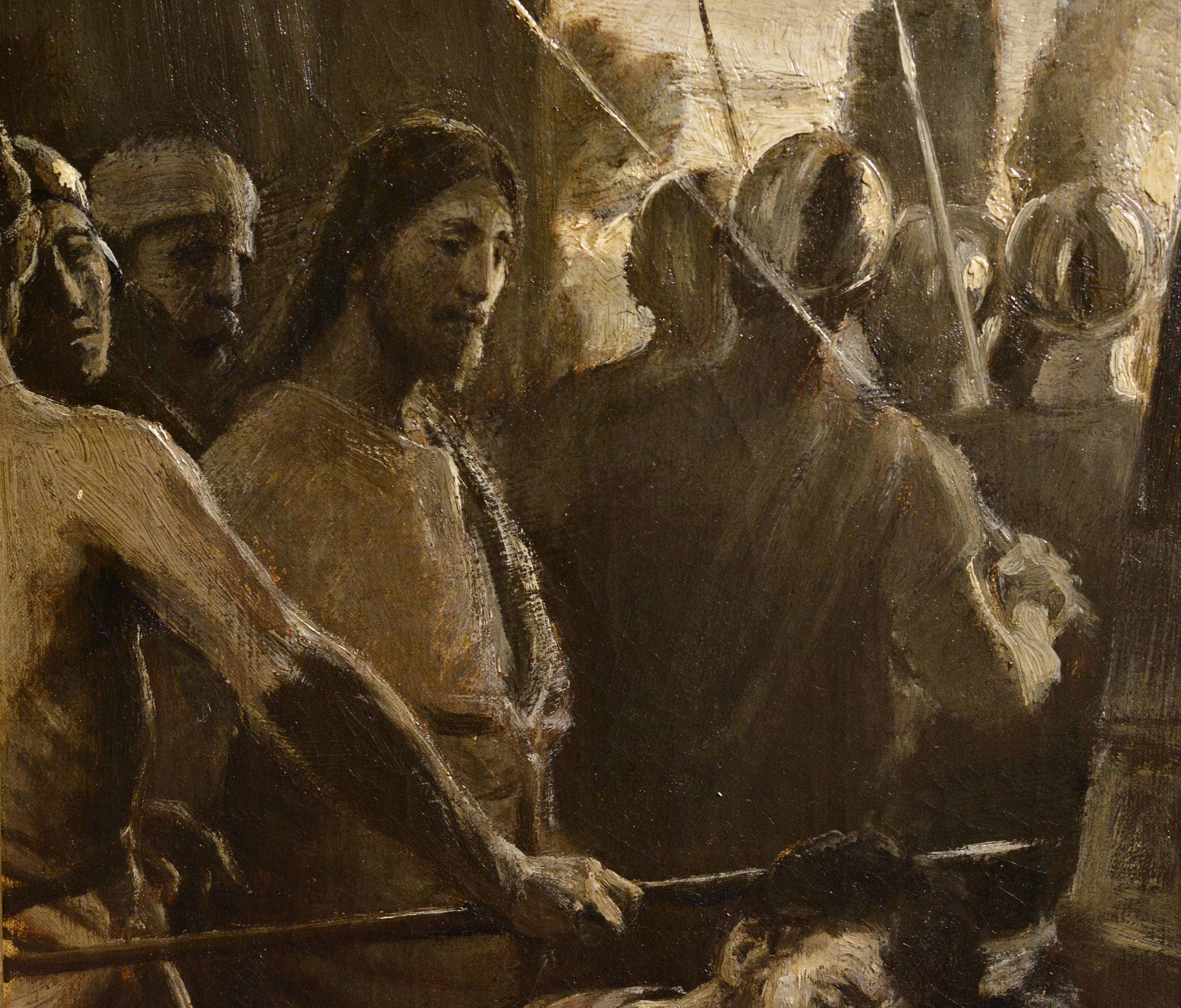 Gospel Scene on Sunrise Jesus Passing Peter 19th Century Oil Painting on Canvas For Sale 1