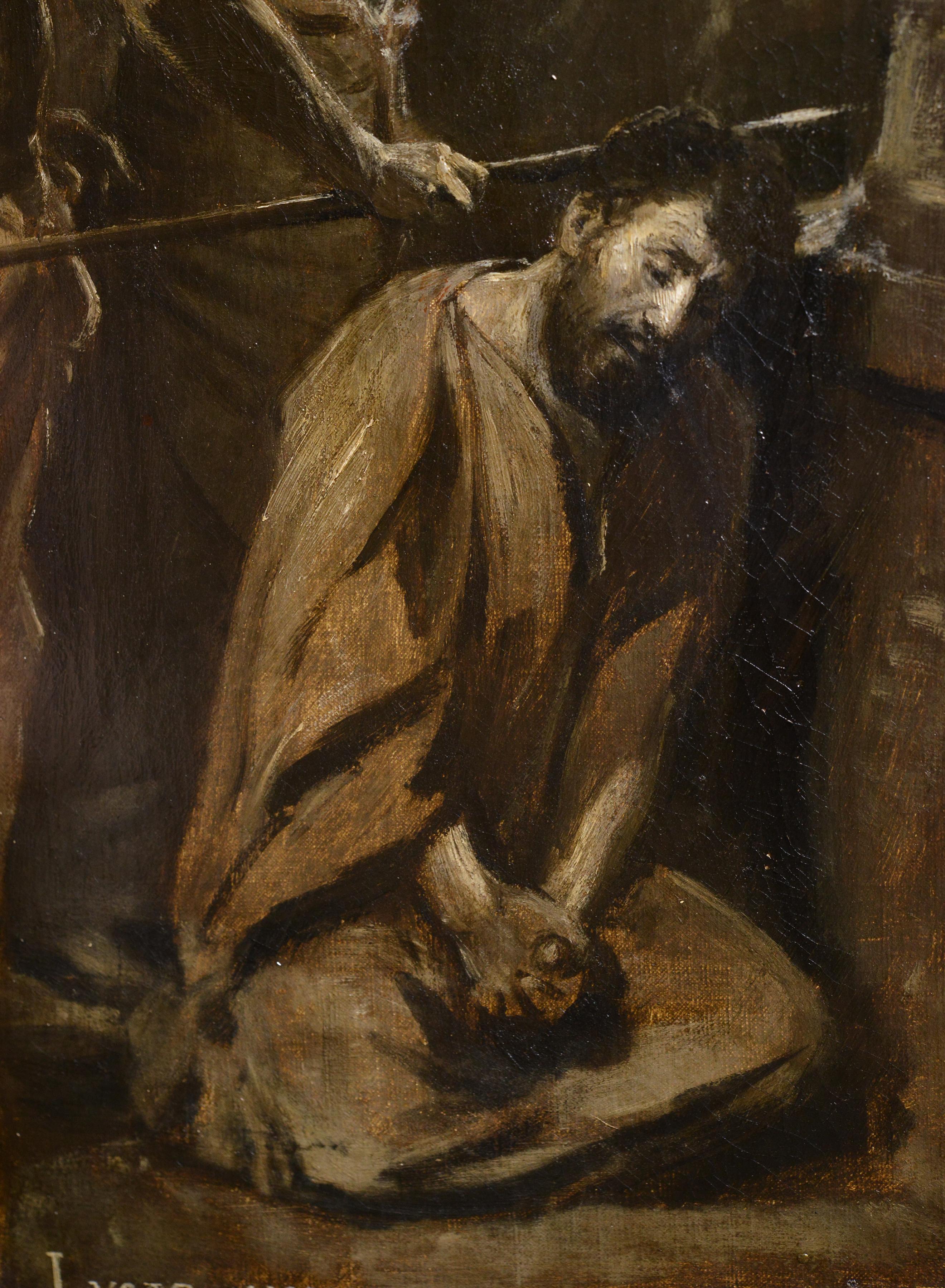 Ölgemälde auf Leinwand, Evangelische Szene am Sonnenaufgang, Jesus fing Peter zu, 19. Jahrhundert (Braun), Figurative Painting, von Unknown