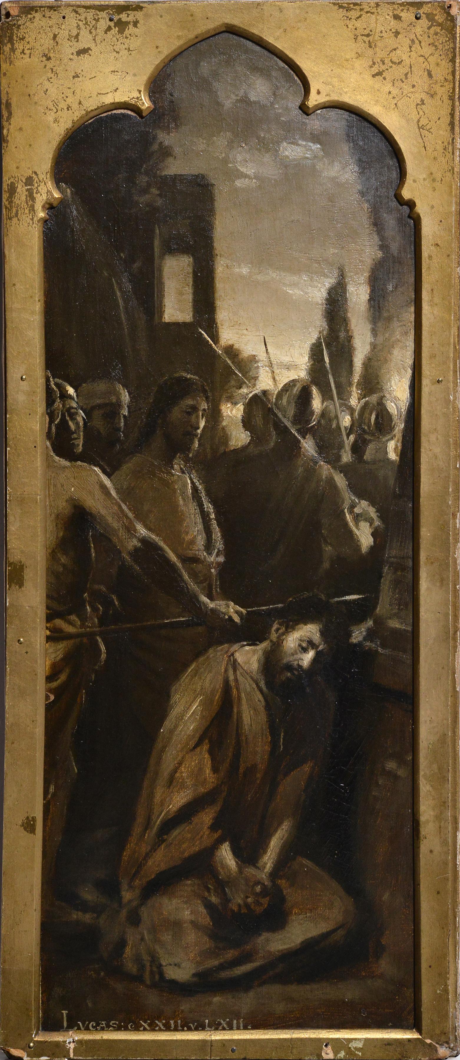 Figurative Painting Unknown - Scène d'évangile au lever du soleil Jésus passant devant Peters Peinture à l'huile sur toile du 19e siècle