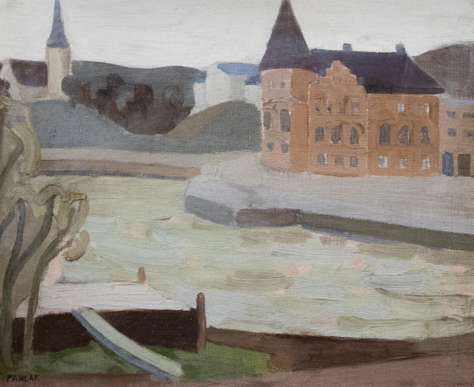 Gote Pawlack  - Milieu du XXe siècle Huile, Church's on the River - Painting de Unknown
