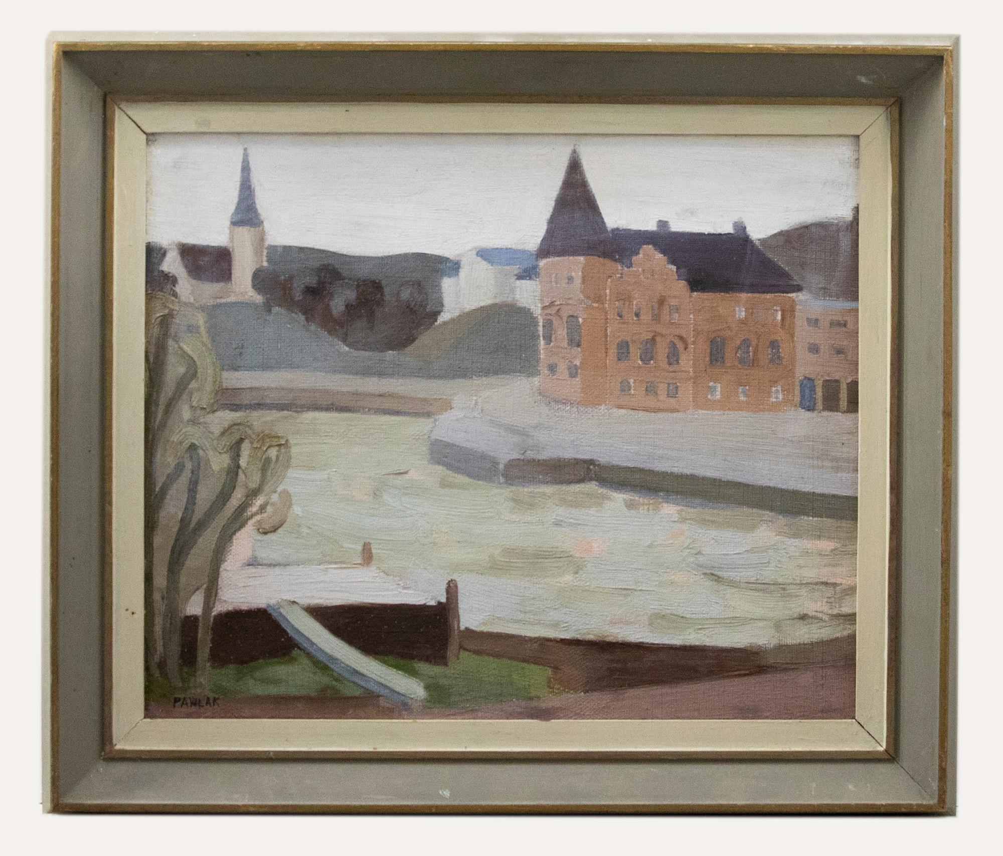 Unknown Landscape Painting - Gote Pawlack  - Mid 20th Century Oil, Church on the River