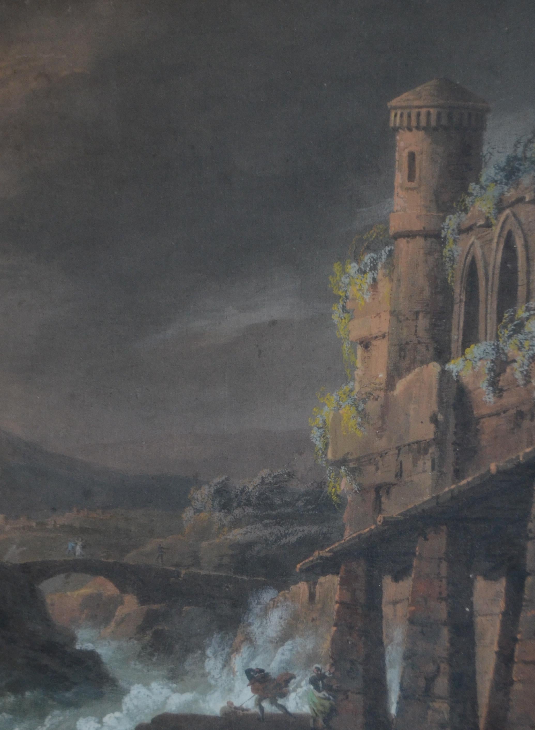Gouache eines Schiffswracks in einem Sturm mit gotischen Ruinen. Anfang 19. Jahrhundert (Romantik), Painting, von Unknown