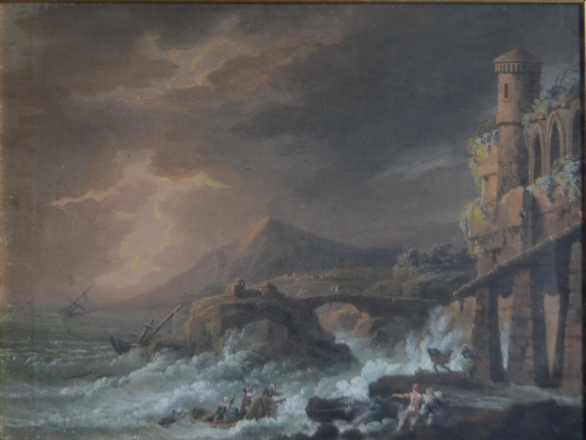 Gouache eines Schiffswracks in einem Sturm mit gotischen Ruinen. Anfang 19. Jahrhundert (Grau), Landscape Painting, von Unknown