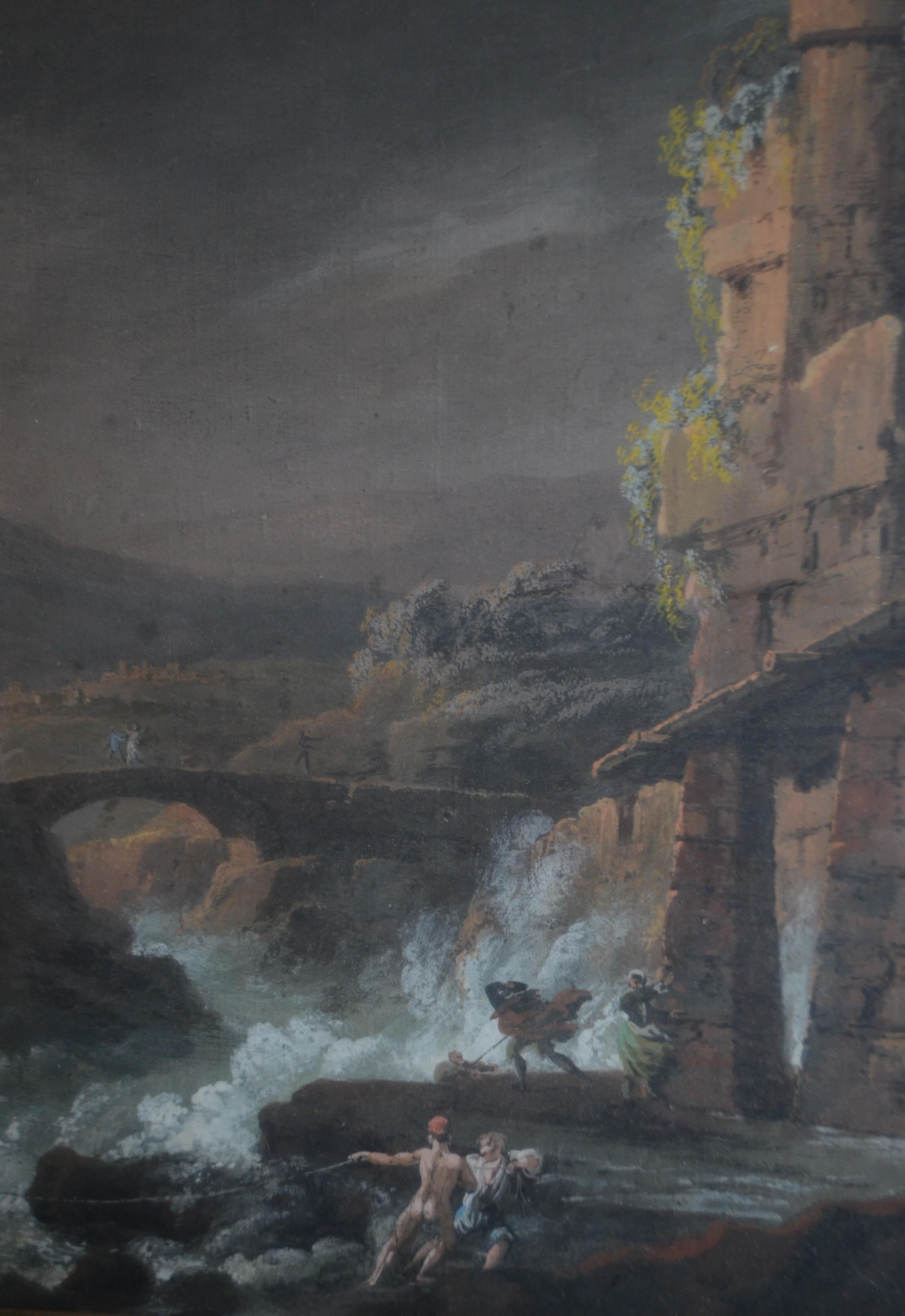 Gouache eines Schiffbruchs im Sturm mit gotischen Ruinen, frühes 19.
Technik: Gouache auf Papier
Zeitraum: Frühes 19. Jahrhundert
Beschreibung: Dieses romantische Gemälde zeigt eine dramatische Szene, in der die stürmische See große Schiffe